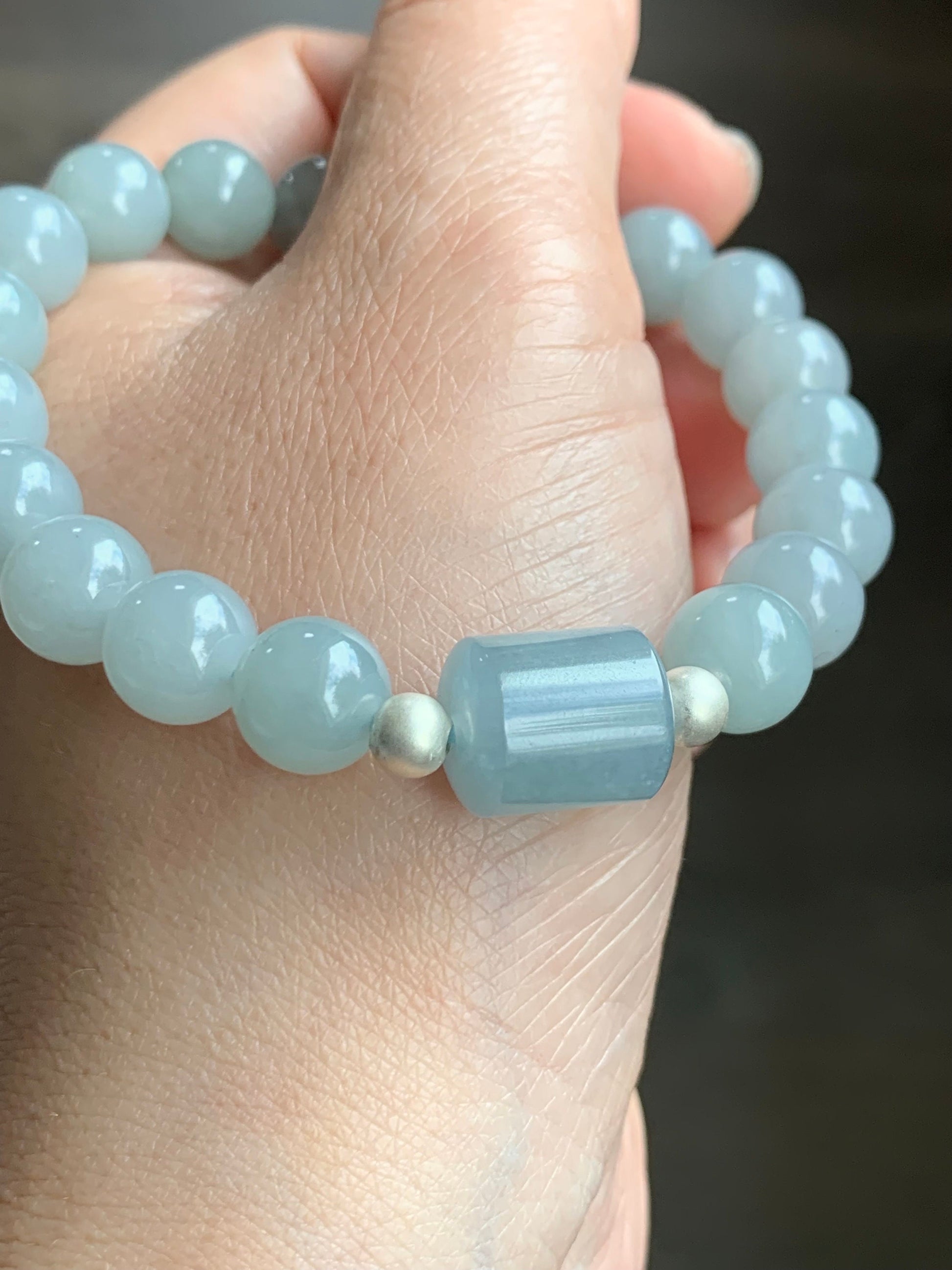 Natural Guatemalan Icy Translucent Light Blue Jadeite LuLuTong Barrel Bead Beaded Bracelet Sterling Silver 9.5mm 7.5” 31g 天然冰危淡蓝翡翠路路通手串 0302