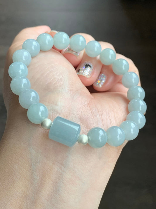 Natural Guatemalan Icy Translucent Light Blue Jadeite LuLuTong Barrel Bead Beaded Bracelet Sterling Silver 9.5mm 7.5” 31g 天然冰危淡蓝翡翠路路通手串 0302