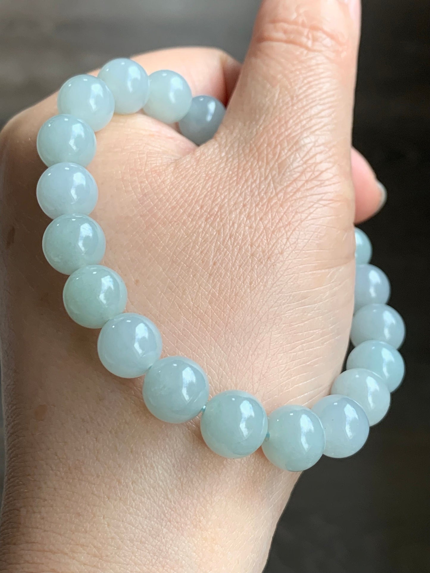 Natural Guatemalan Icy Translucent Light Blue Jadeite LuLuTong Barrel Bead Beaded Bracelet Sterling Silver 9.5mm 7.5” 31g 天然冰危淡蓝翡翠路路通手串 0302
