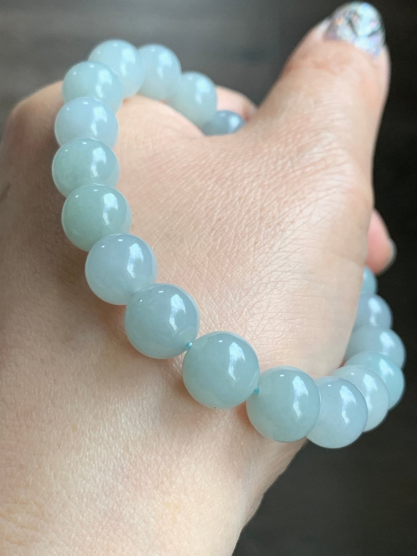 Natural Guatemalan Icy Translucent Light Blue Jadeite LuLuTong Barrel Bead Beaded Bracelet Sterling Silver 9.5mm 7.5” 31g 天然冰危淡蓝翡翠路路通手串 0302