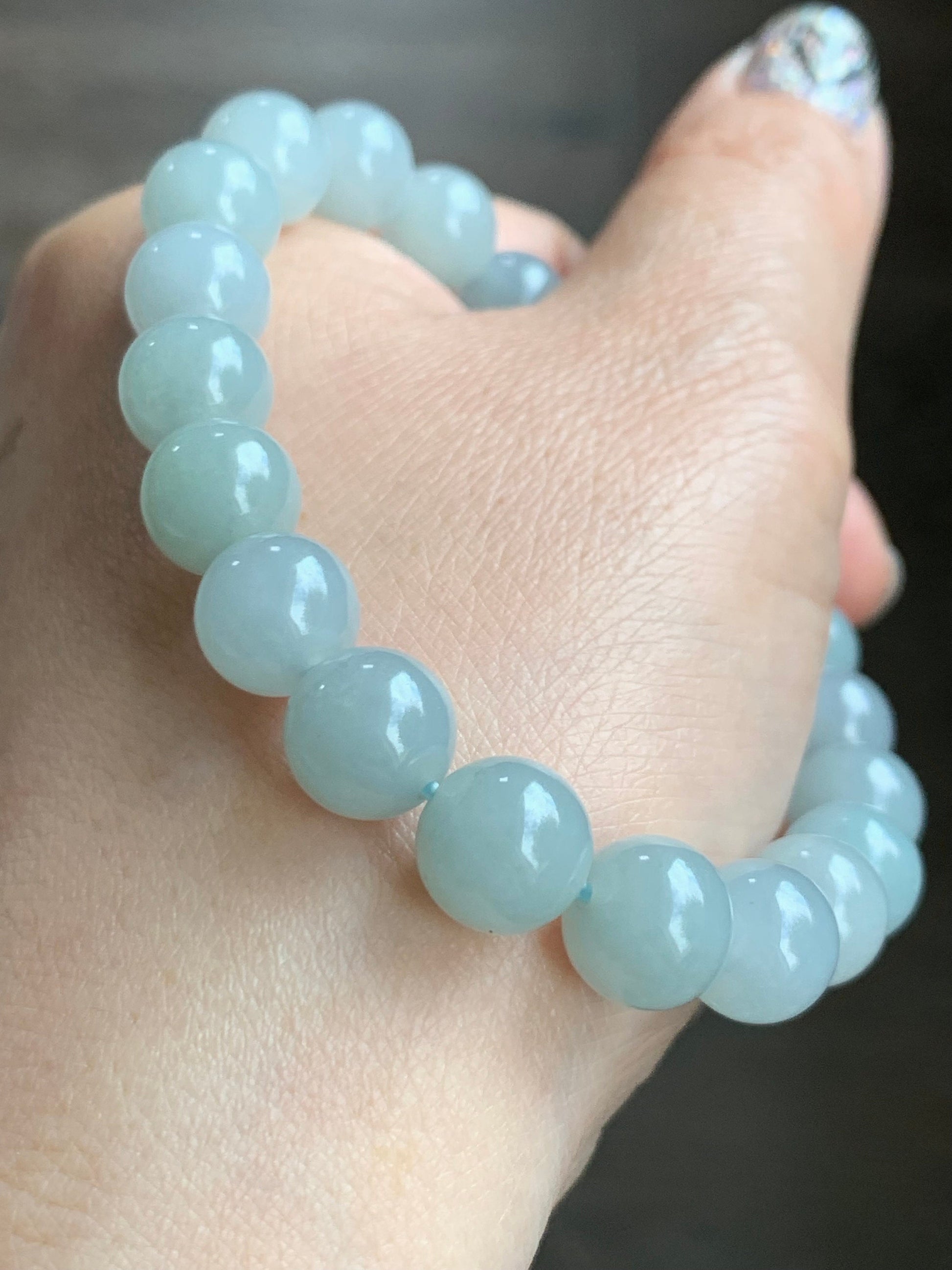 Natural Guatemalan Icy Translucent Light Blue Jadeite LuLuTong Barrel Bead Beaded Bracelet Sterling Silver 9.5mm 7.5” 31g 天然冰危淡蓝翡翠路路通手串 0302
