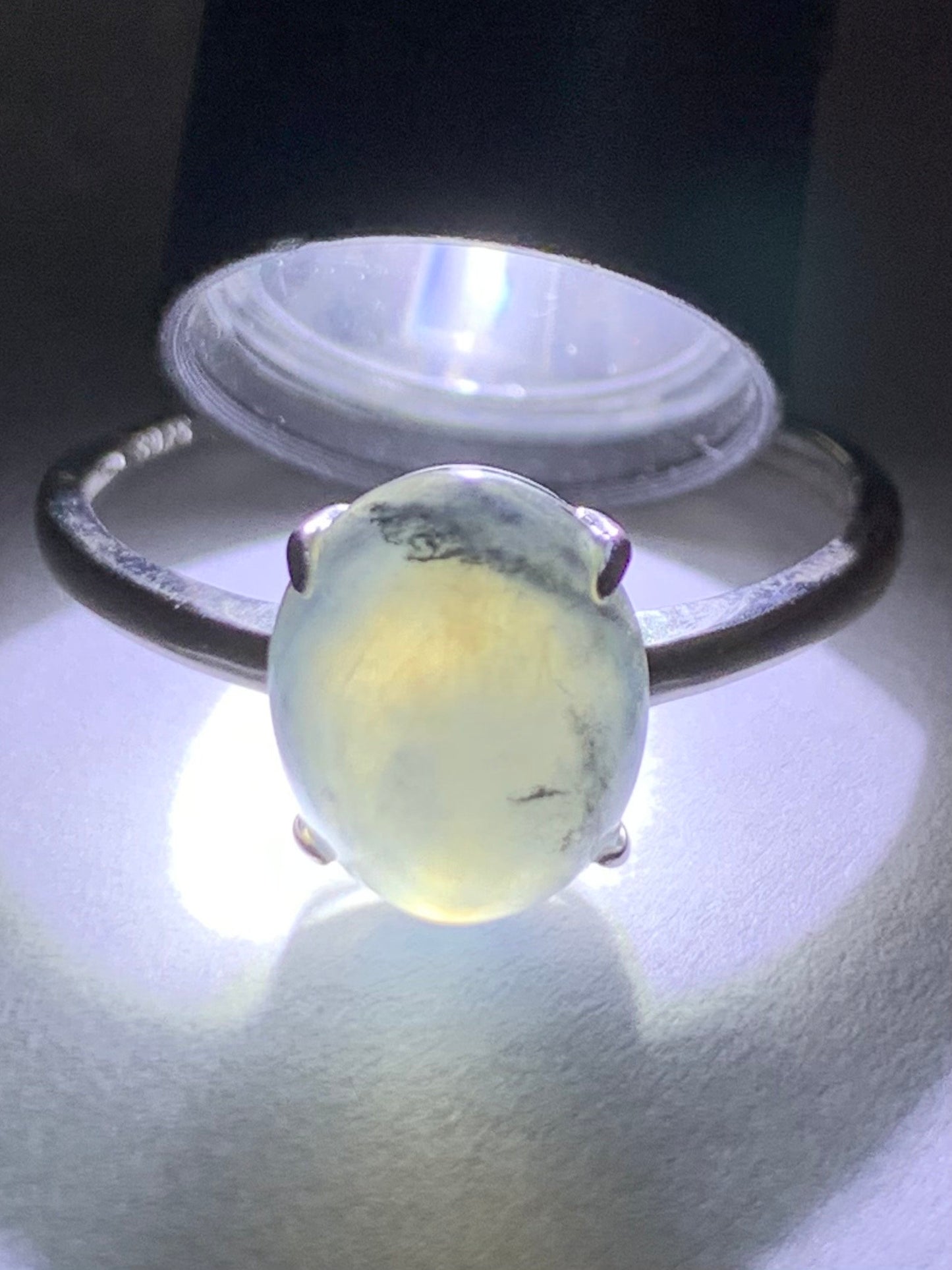 Natural Burmese Icy Translucent Gelatinous Wuji Jadeite Oval Solitaire Ring S925 Sterling Silver Size 7 Adjustable 天然缅甸老种冰胶乌鸡翡翠银镶戒指 BWJ70