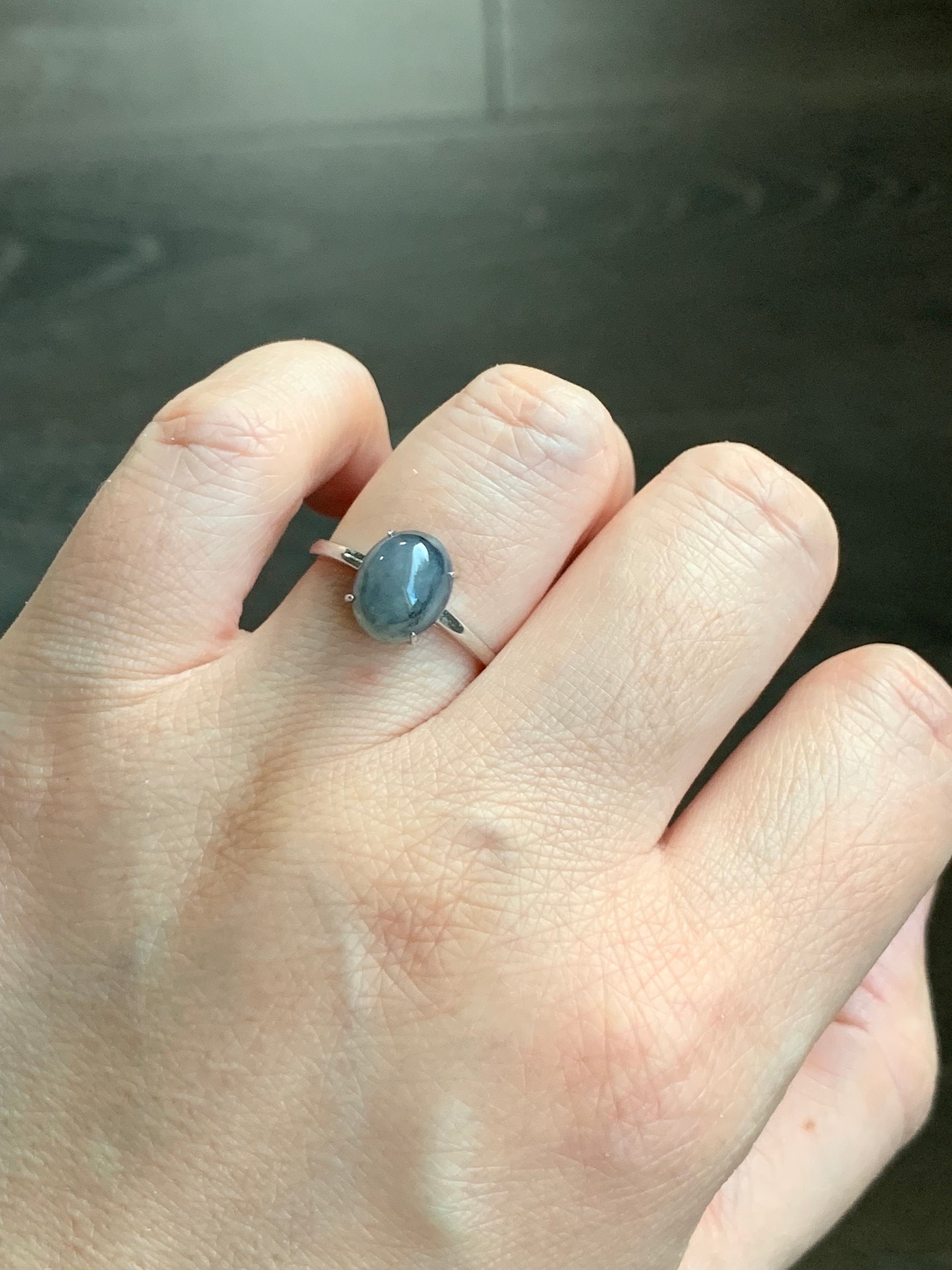 Natural Burmese Icy Translucent Gelatinous Wuji Jadeite Oval Solitaire Ring S925 Sterling Silver Size 7 Adjustable 天然缅甸老种冰胶乌鸡翡翠银镶戒指 BWJ70