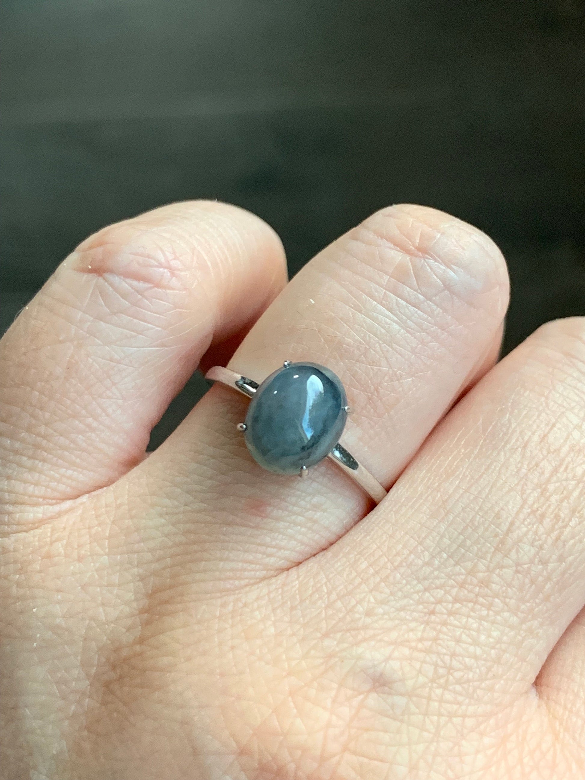 Natural Burmese Icy Translucent Gelatinous Wuji Jadeite Oval Solitaire Ring S925 Sterling Silver Size 7 Adjustable 天然缅甸老种冰胶乌鸡翡翠银镶戒指 BWJ70