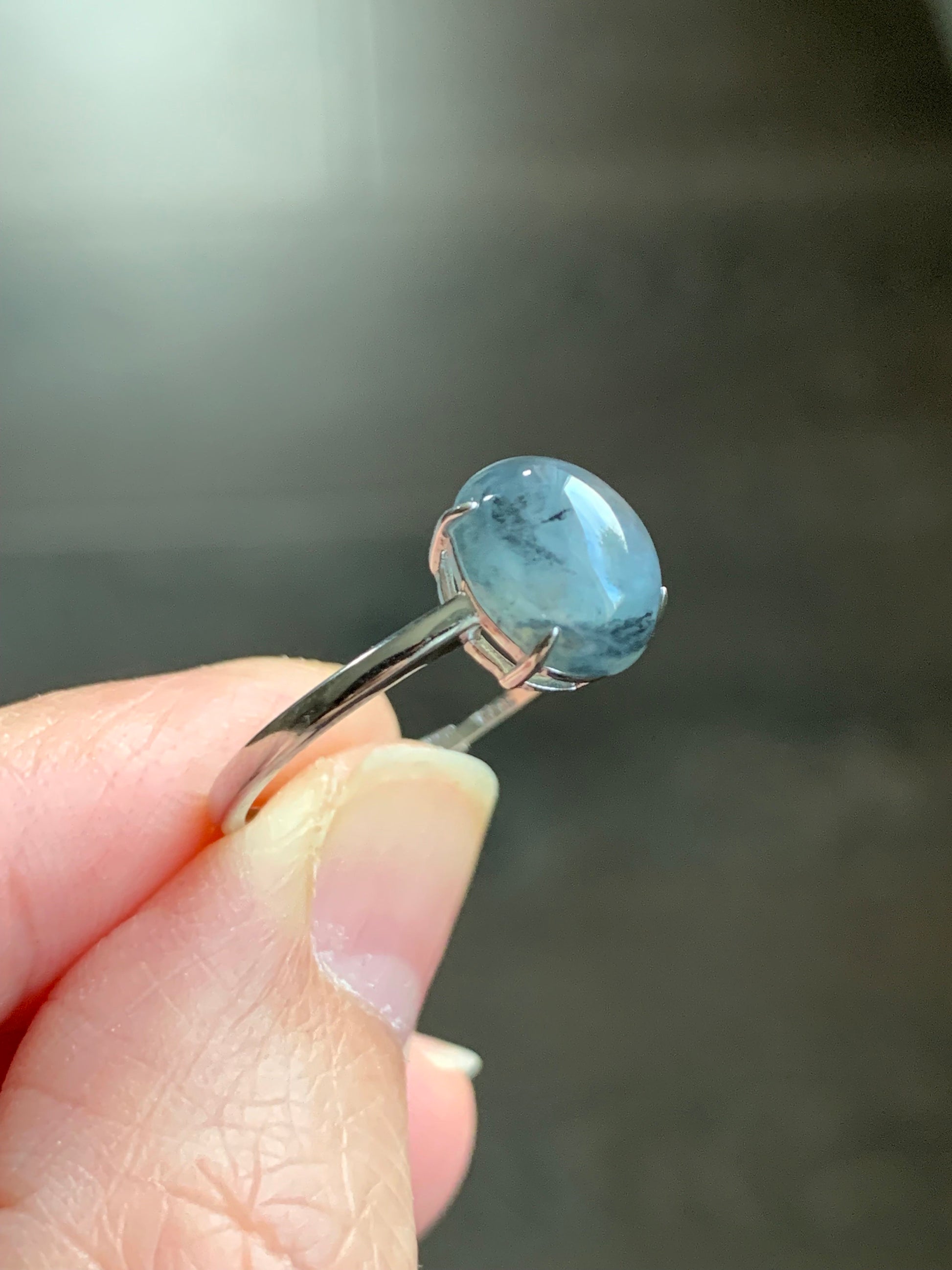 Natural Burmese Icy Translucent Gelatinous Wuji Jadeite Oval Solitaire Ring S925 Sterling Silver Size 7 Adjustable 天然缅甸老种冰胶乌鸡翡翠银镶戒指 BWJ70