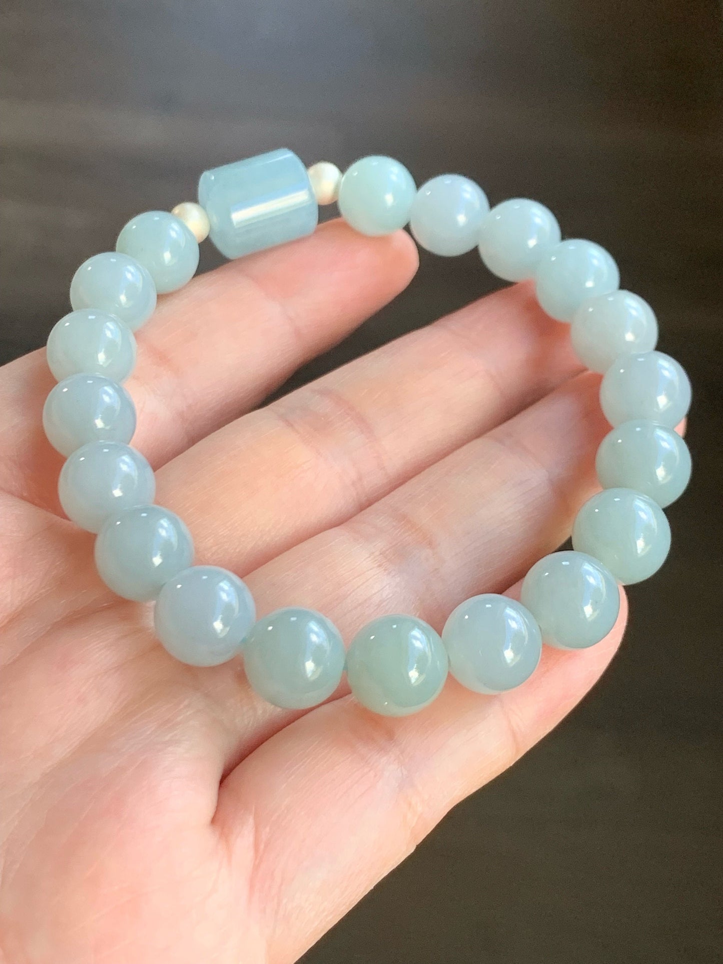 Natural Guatemalan Icy Translucent Light Blue Jadeite LuLuTong Barrel Bead Beaded Bracelet Sterling Silver 9.5mm 7.5” 31g 天然冰危淡蓝翡翠路路通手串 0302