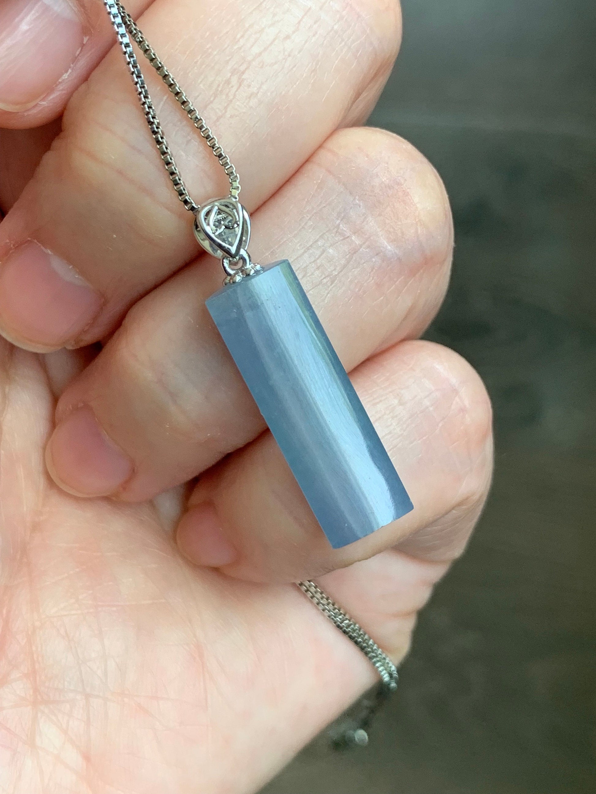 Certified Natural Guatemalan Icy Highly Translucent Light Purplish Blue Jadeite Semi Cylinder Pendant 18K White Gold 天然冰危淡蓝紫翡翠半圆柱镶嵌吊坠 3298