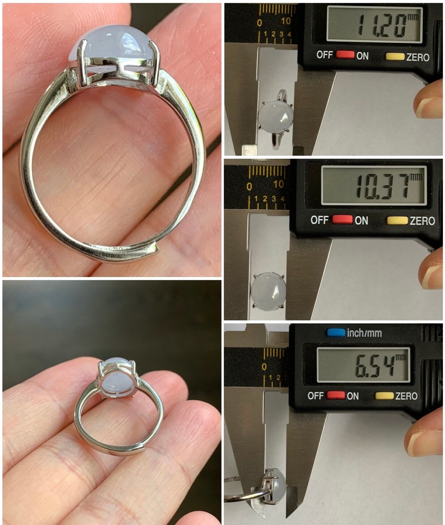 Natural Burmese Icy Translucent Gelatinous White Jadeite Wuji Marbling Ring Sterling Silver Size 7 Adjustable 天然缅甸白冰胶飘乌鸡翡翠蛋面银镶戒指 MBWJ80