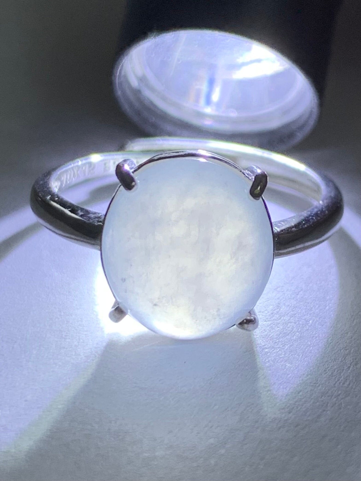 Natural Burmese Icy Translucent Gelatinous White Jadeite Wuji Marbling Ring Sterling Silver Size 7 Adjustable 天然缅甸白冰胶飘乌鸡翡翠蛋面银镶戒指 MBWJ80