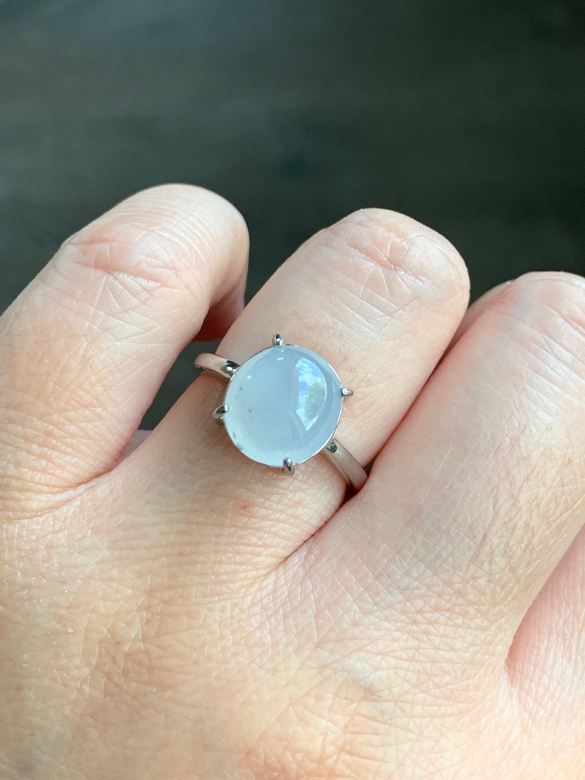 Natural Burmese Icy Translucent Gelatinous White Jadeite Wuji Marbling Ring Sterling Silver Size 7 Adjustable 天然缅甸白冰胶飘乌鸡翡翠蛋面银镶戒指 MBWJ80