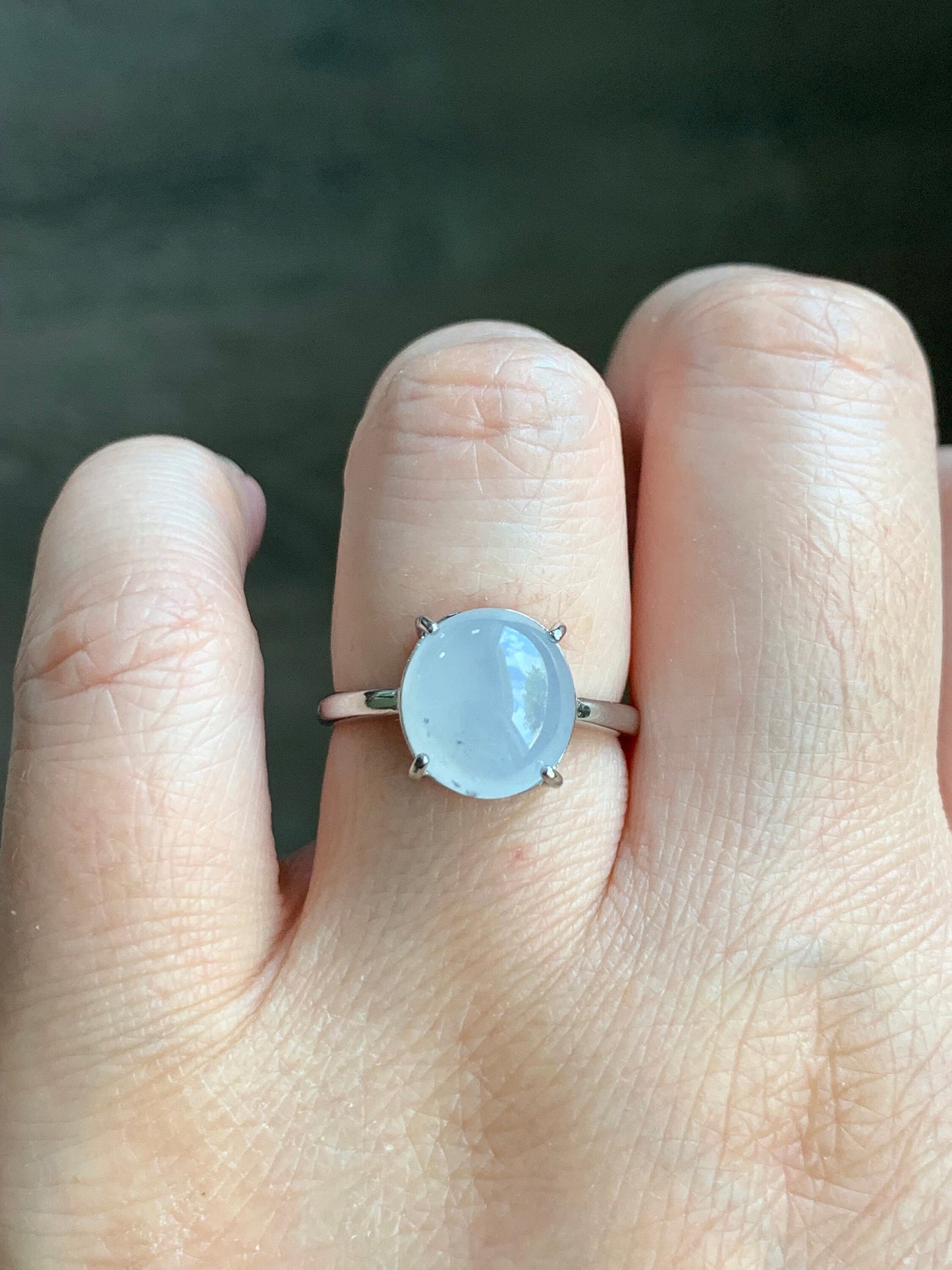 Natural Burmese Icy Translucent Gelatinous White Jadeite Wuji Marbling Ring Sterling Silver Size 7 Adjustable 天然缅甸白冰胶飘乌鸡翡翠蛋面银镶戒指 MBWJ80
