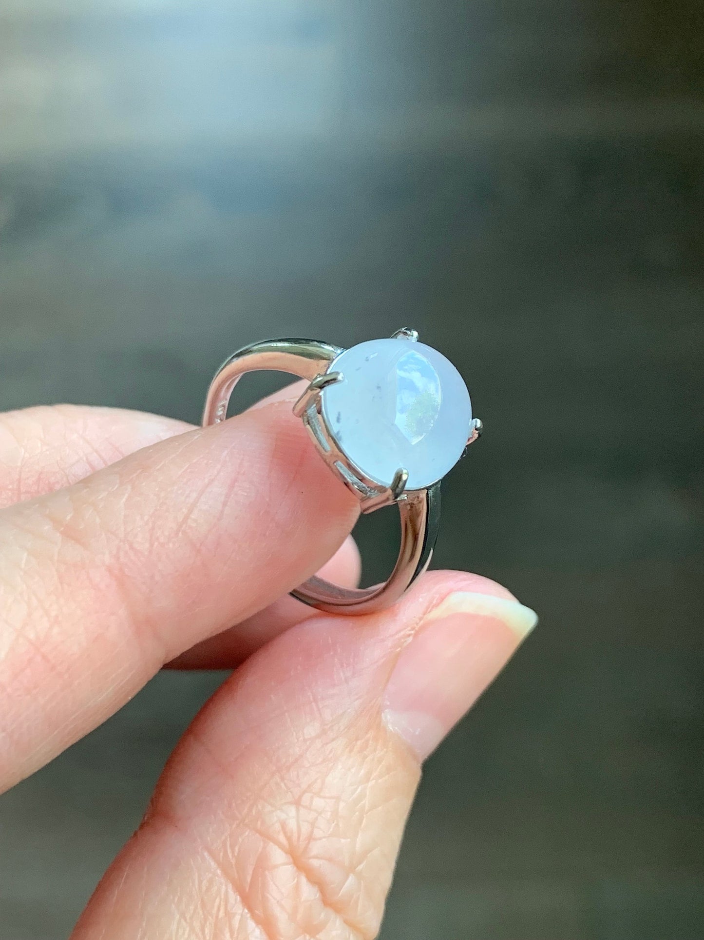 Natural Burmese Icy Translucent Gelatinous White Jadeite Wuji Marbling Ring Sterling Silver Size 7 Adjustable 天然缅甸白冰胶飘乌鸡翡翠蛋面银镶戒指 MBWJ80