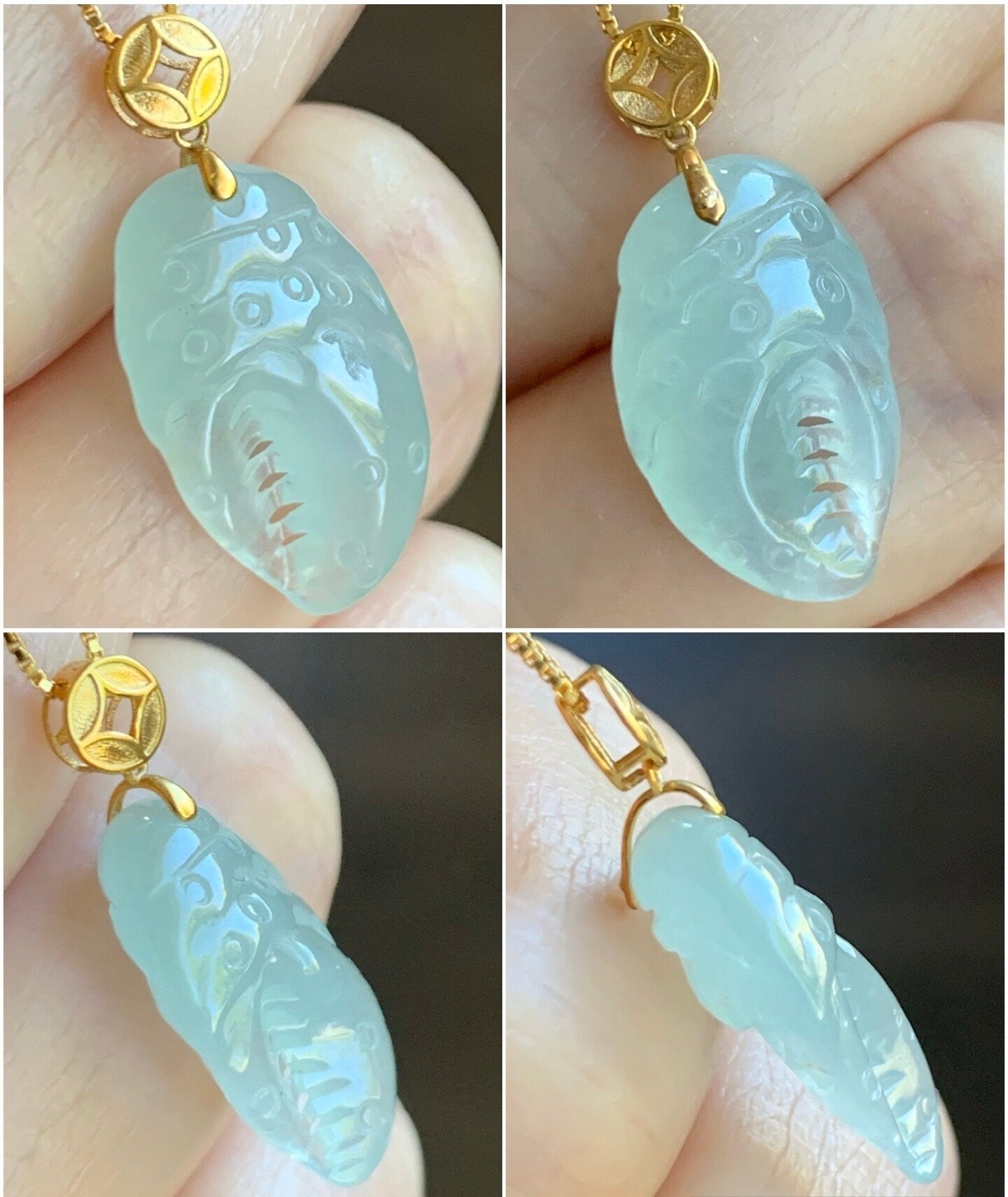 Natural Burmese Grade A Premium Icy Highly Translucent Light Green Jadeite Crab Claw Pendant 18K Yellow Gold Bail 天然缅甸起冰起光晴底翡翠蟹钳镶嵌吊坠