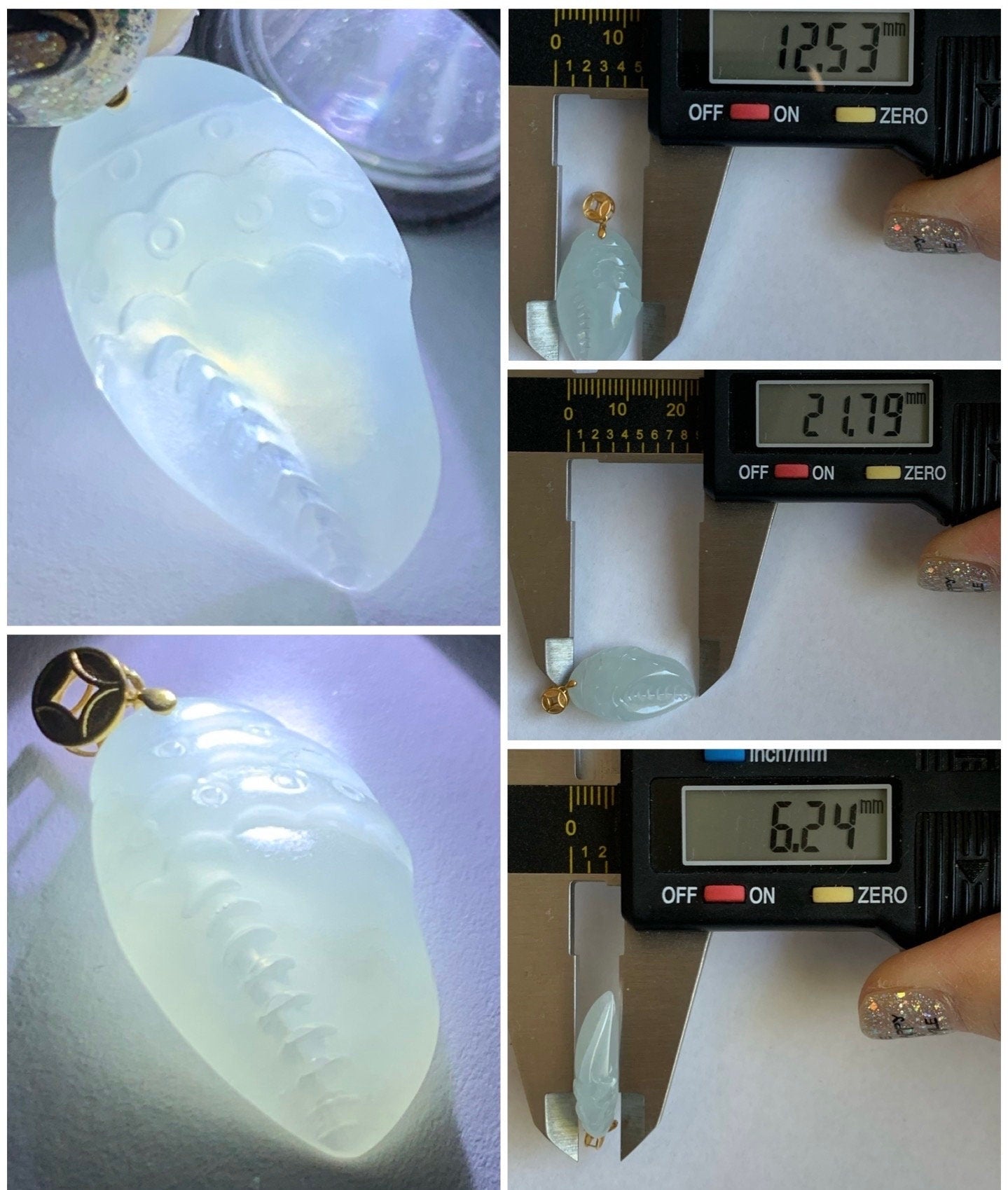 Natural Burmese Grade A Premium Icy Highly Translucent White Jadeite Crab Claw Pendant 18K Yellow Gold Bail 天然缅甸起冰起光白冰翡翠蟹钳镶嵌吊坠