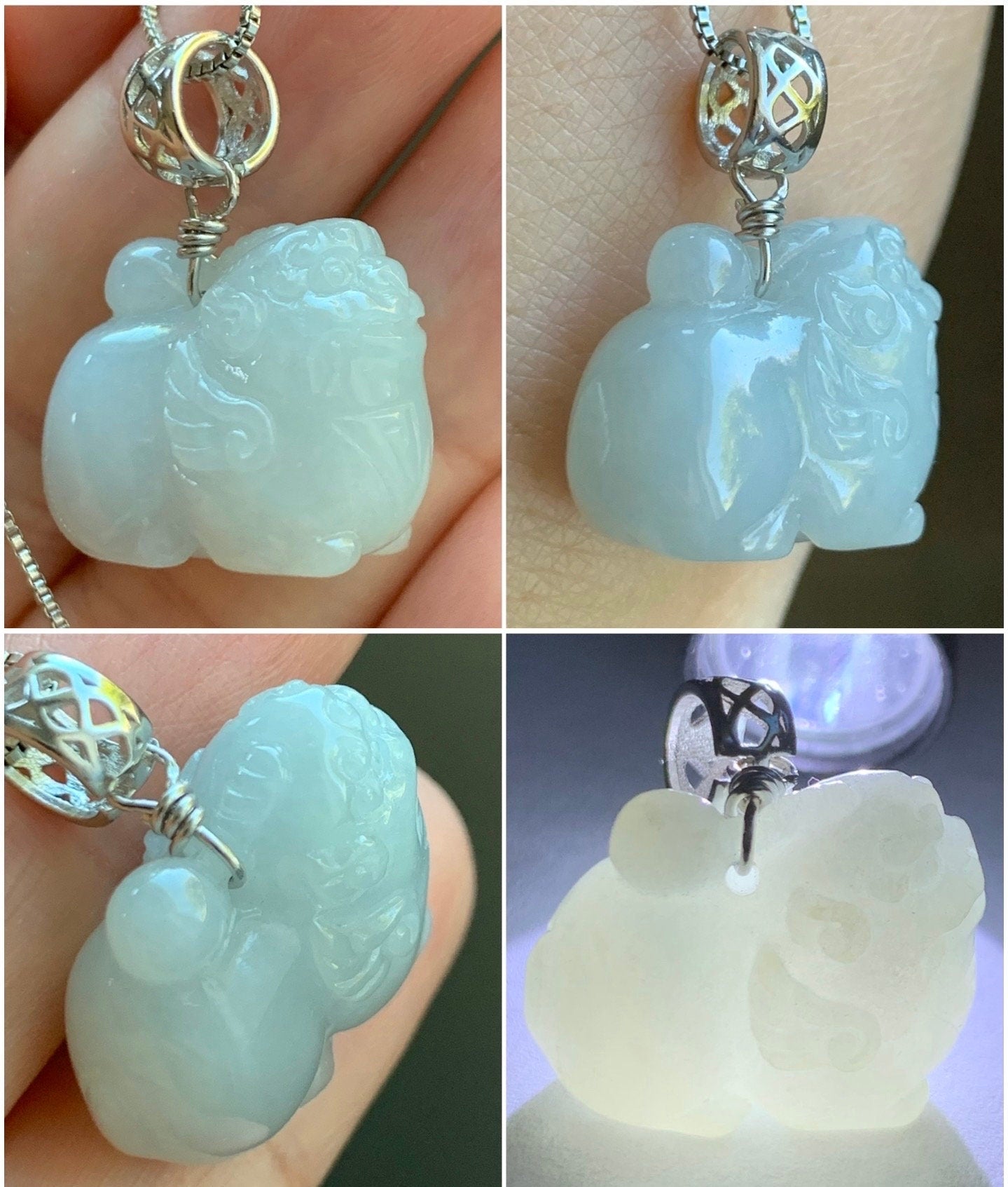 Natural Burmese Icy Translucent Light Blue Jadeite Carved Flying Pixiu Pendant Sterling Silver Bail 天然缅甸冰胶淡蓝翡翠飞天貔貅吊坠