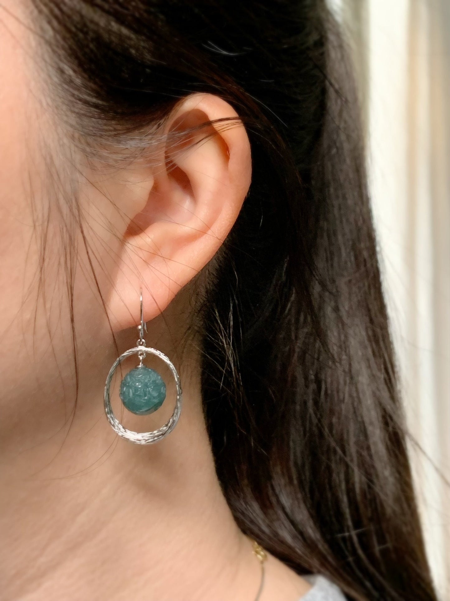 Natural Guatemalan Icy Translucent Teal Blue Jadeite Carved Dragon Ball Sphere Dangle Earrings Sterling Silver 9g 天然冰危蓝水翡翠龙珠银耳钩