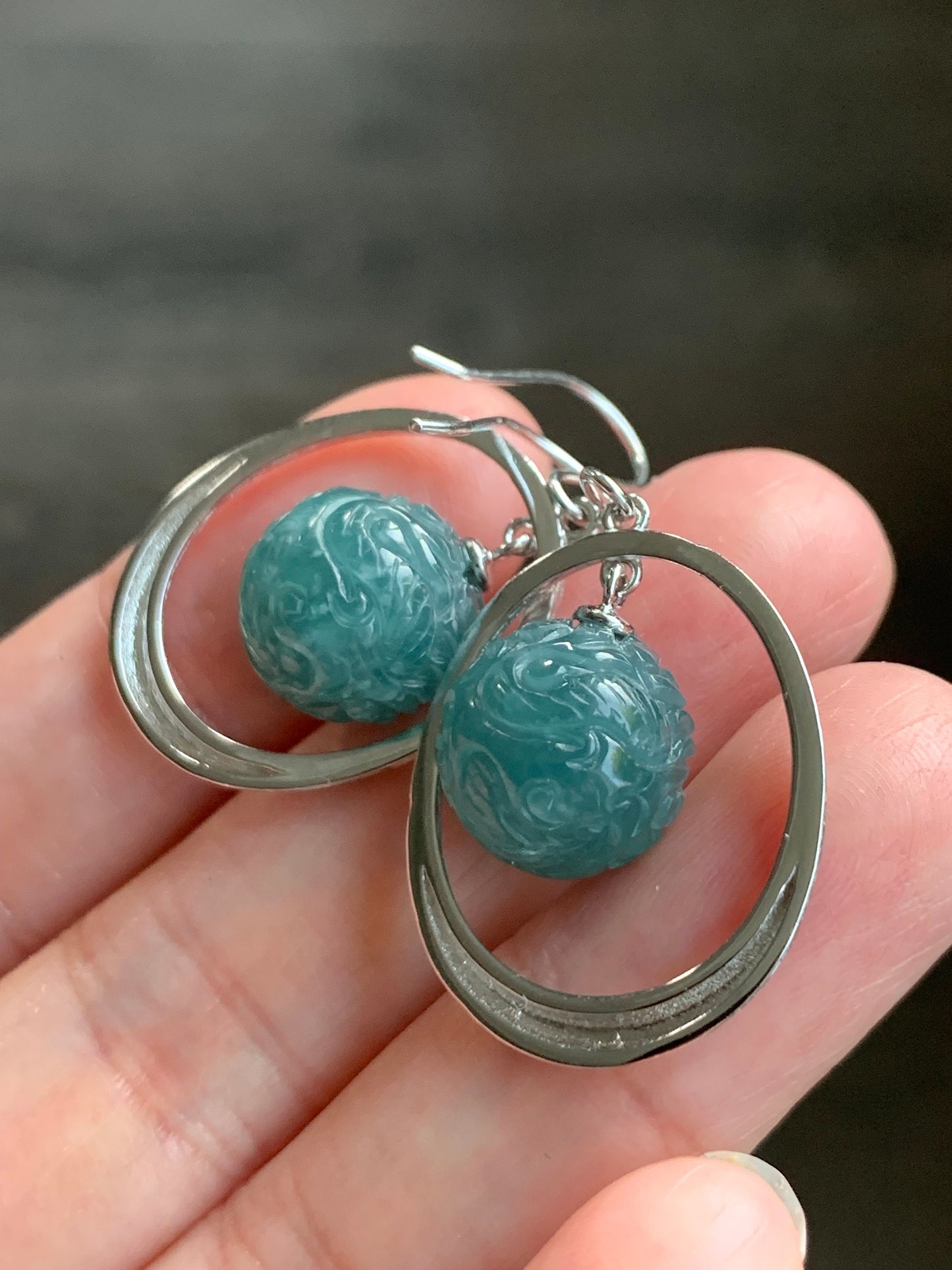 Natural Guatemalan Icy Translucent Teal Blue Jadeite Carved Dragon Ball Sphere Dangle Earrings Sterling Silver 9g 天然冰危蓝水翡翠龙珠银耳钩