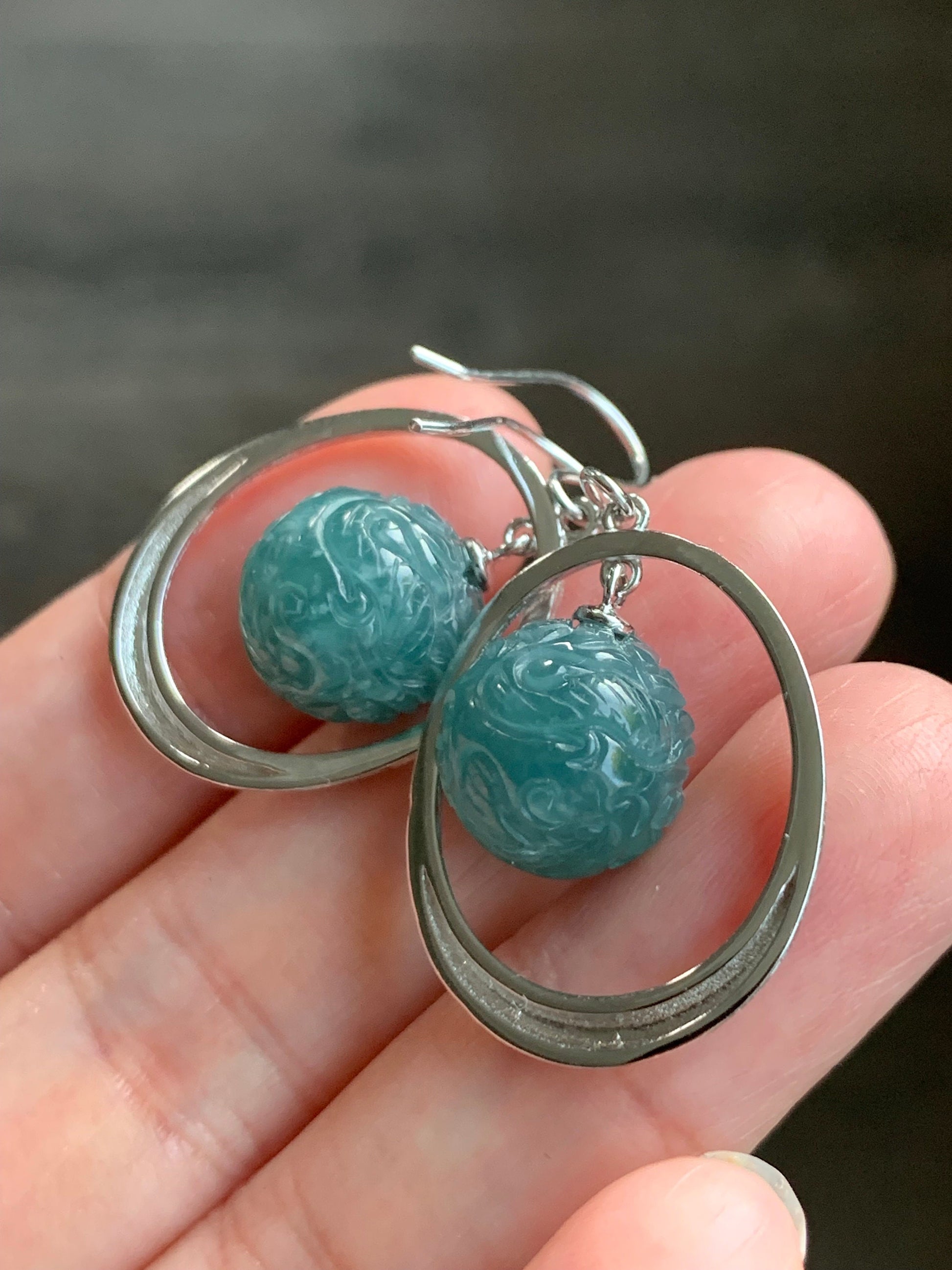Natural Guatemalan Icy Translucent Teal Blue Jadeite Carved Dragon Ball Sphere Dangle Earrings Sterling Silver 9g 天然冰危蓝水翡翠龙珠银耳钩