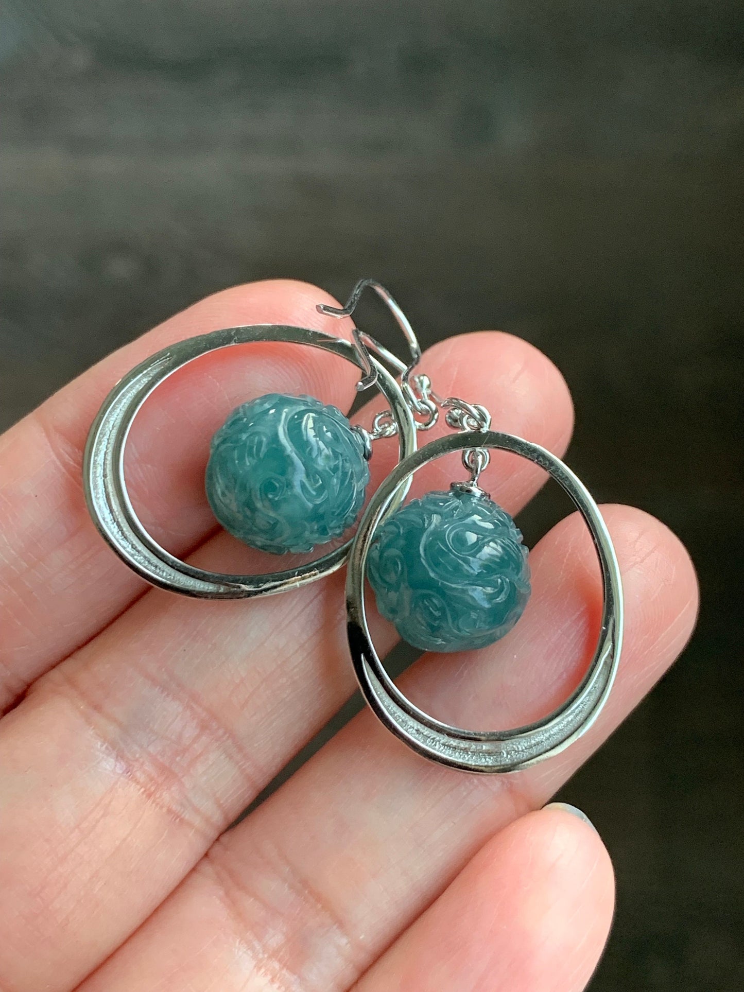 Natural Guatemalan Icy Translucent Teal Blue Jadeite Carved Dragon Ball Sphere Dangle Earrings Sterling Silver 9g 天然冰危蓝水翡翠龙珠银耳钩