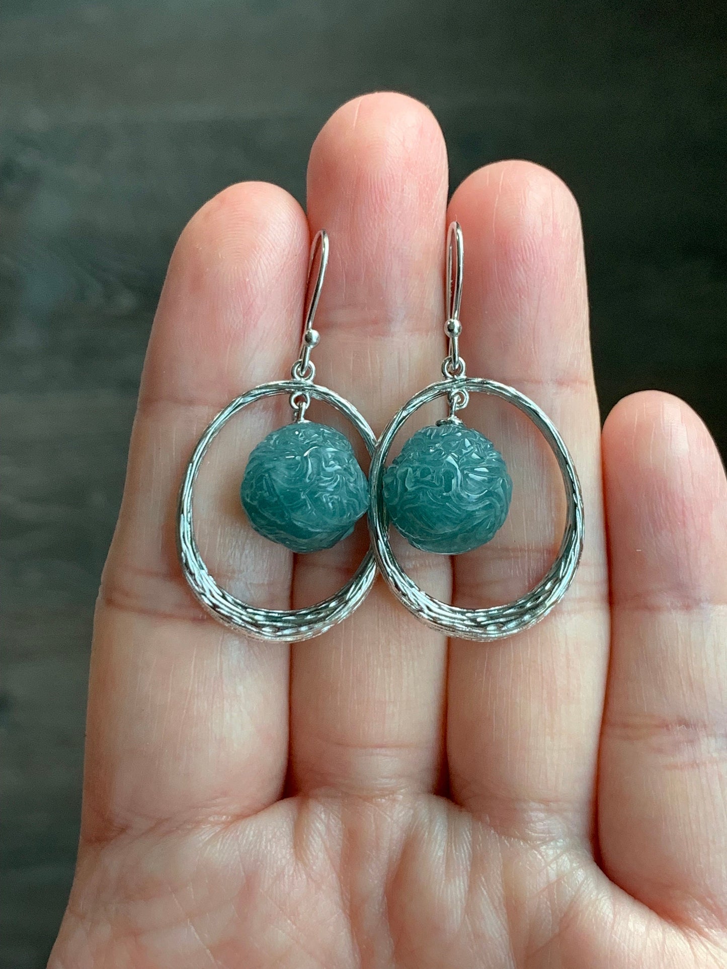 Natural Guatemalan Icy Translucent Teal Blue Jadeite Carved Dragon Ball Sphere Dangle Earrings Sterling Silver 9g 天然冰危蓝水翡翠龙珠银耳钩