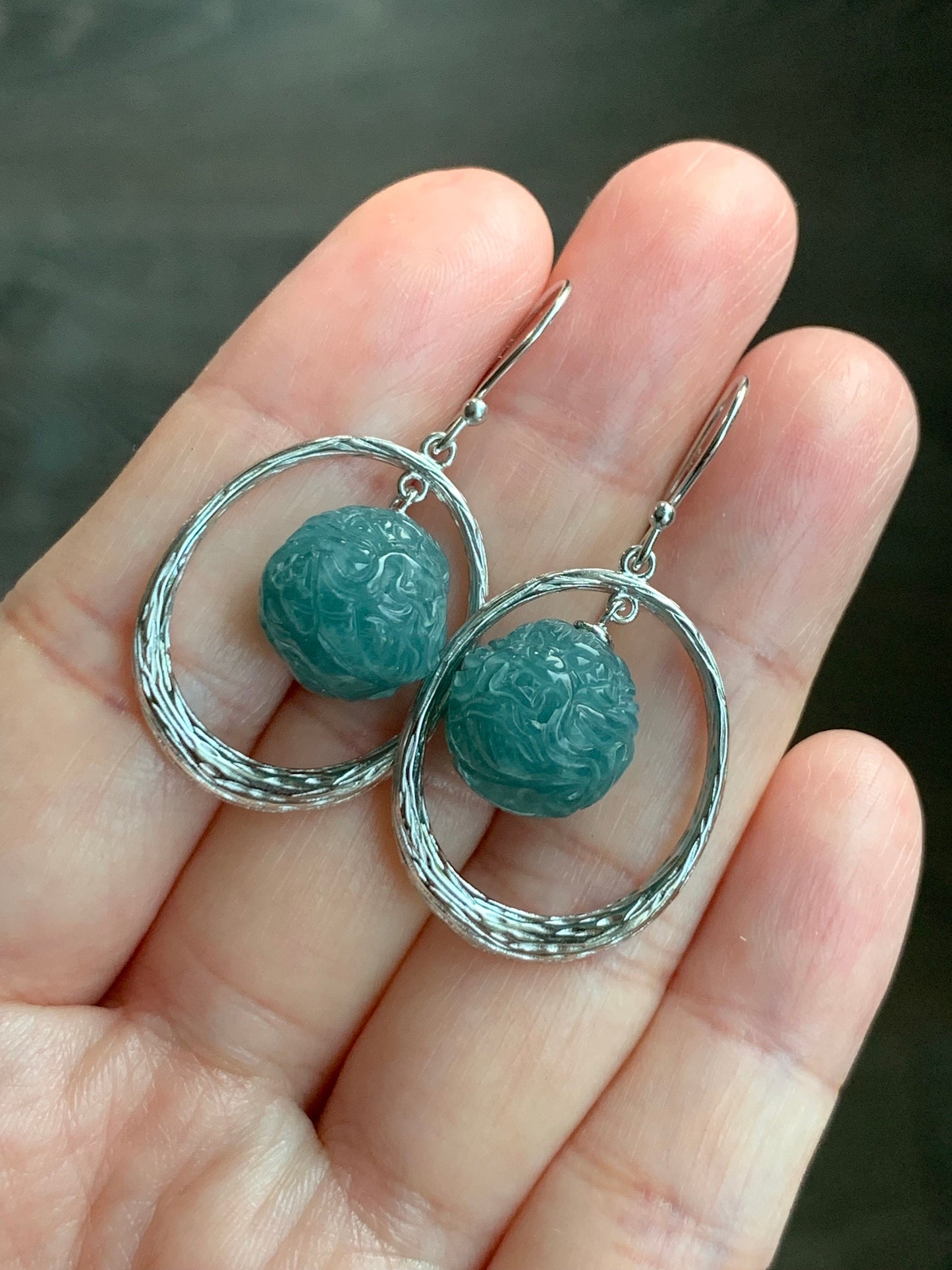 Natural Guatemalan Icy Translucent Teal Blue Jadeite Carved Dragon Ball Sphere Dangle Earrings Sterling Silver 9g 天然冰危蓝水翡翠龙珠银耳钩