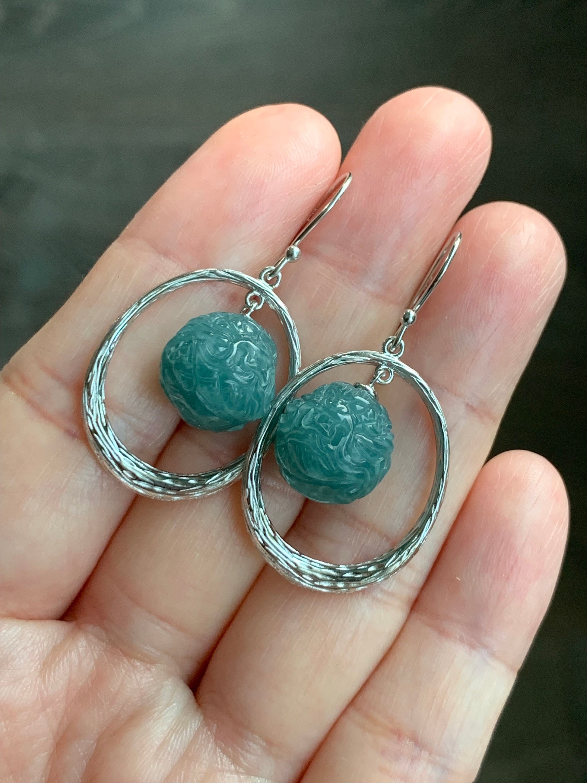 Natural Guatemalan Icy Translucent Teal Blue Jadeite Carved Dragon Ball Sphere Dangle Earrings Sterling Silver 9g 天然冰危蓝水翡翠龙珠银耳钩