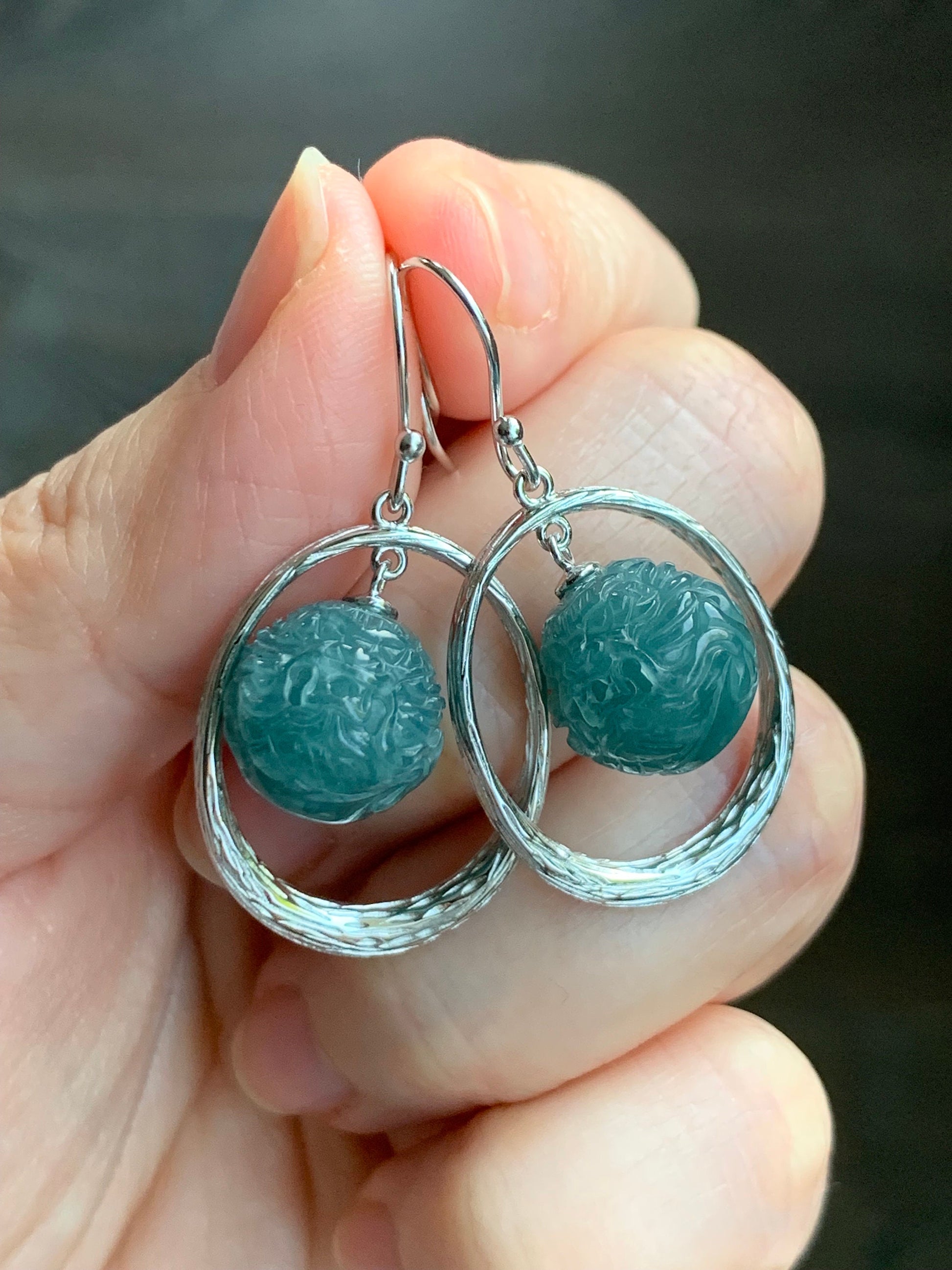 Natural Guatemalan Icy Translucent Teal Blue Jadeite Carved Dragon Ball Sphere Dangle Earrings Sterling Silver 9g 天然冰危蓝水翡翠龙珠银耳钩