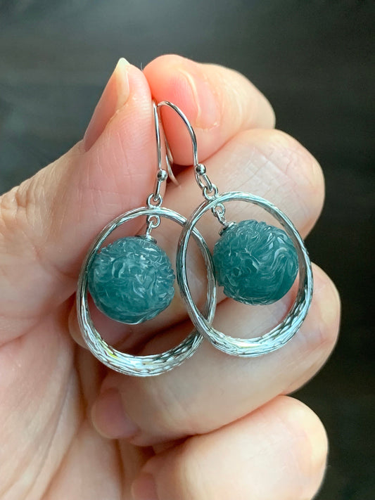 Natural Guatemalan Icy Translucent Teal Blue Jadeite Carved Dragon Ball Sphere Dangle Earrings Sterling Silver 9g 天然冰危蓝水翡翠龙珠银耳钩