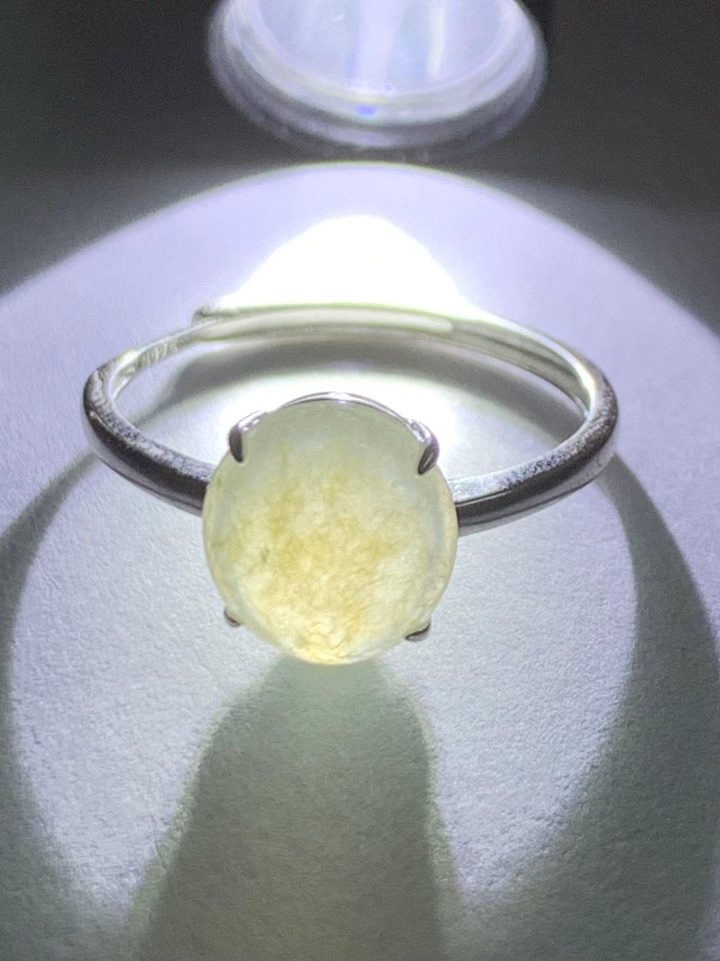 Natural Burmese Icy Translucent Light Yellow Jadeite Large Oval Cabochon Ring Sterling Silver Size 7 Adjustable 天然缅甸冰胶冰糖雪梨黄翡翠蛋面银镶戒指 DBH70