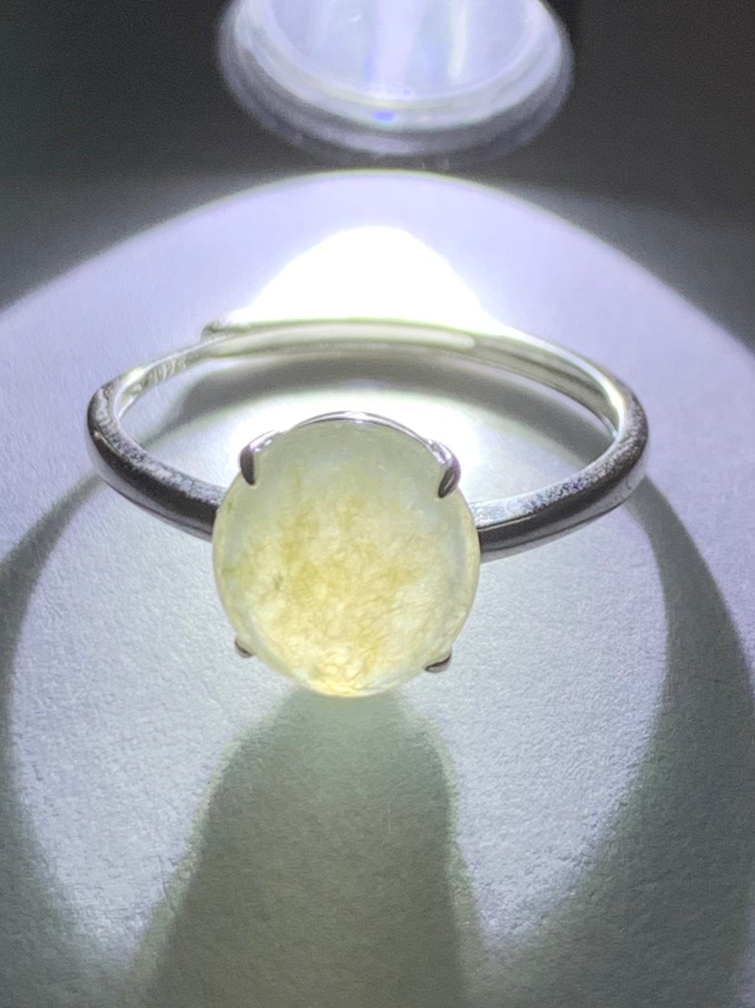 Natural Burmese Icy Translucent Light Yellow Jadeite Large Oval Cabochon Ring Sterling Silver Size 7 Adjustable 天然缅甸冰胶冰糖雪梨黄翡翠蛋面银镶戒指 DBH70