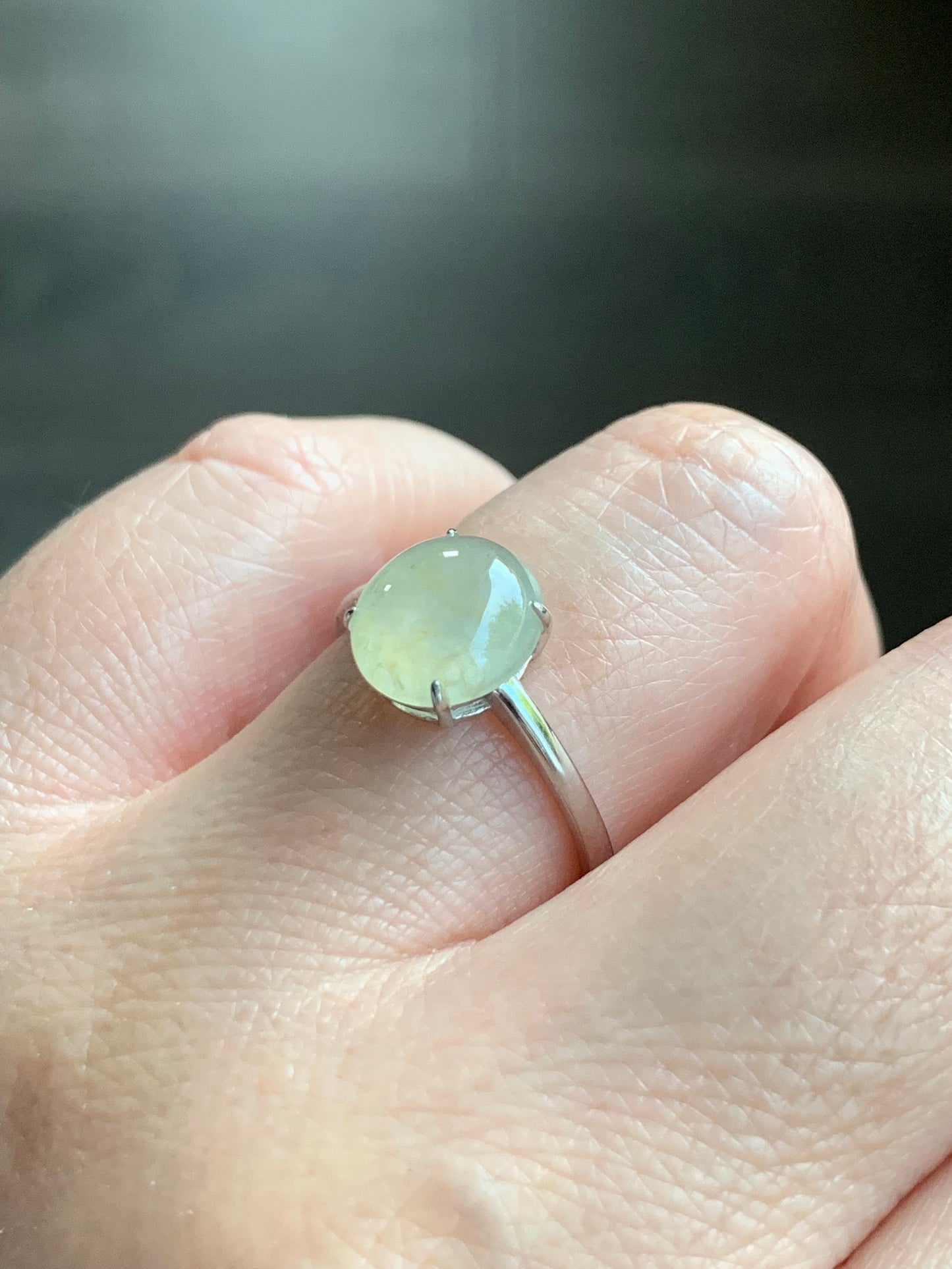 Natural Burmese Icy Translucent Light Yellow Jadeite Large Oval Cabochon Ring Sterling Silver Size 7 Adjustable 天然缅甸冰胶冰糖雪梨黄翡翠蛋面银镶戒指 DBH70
