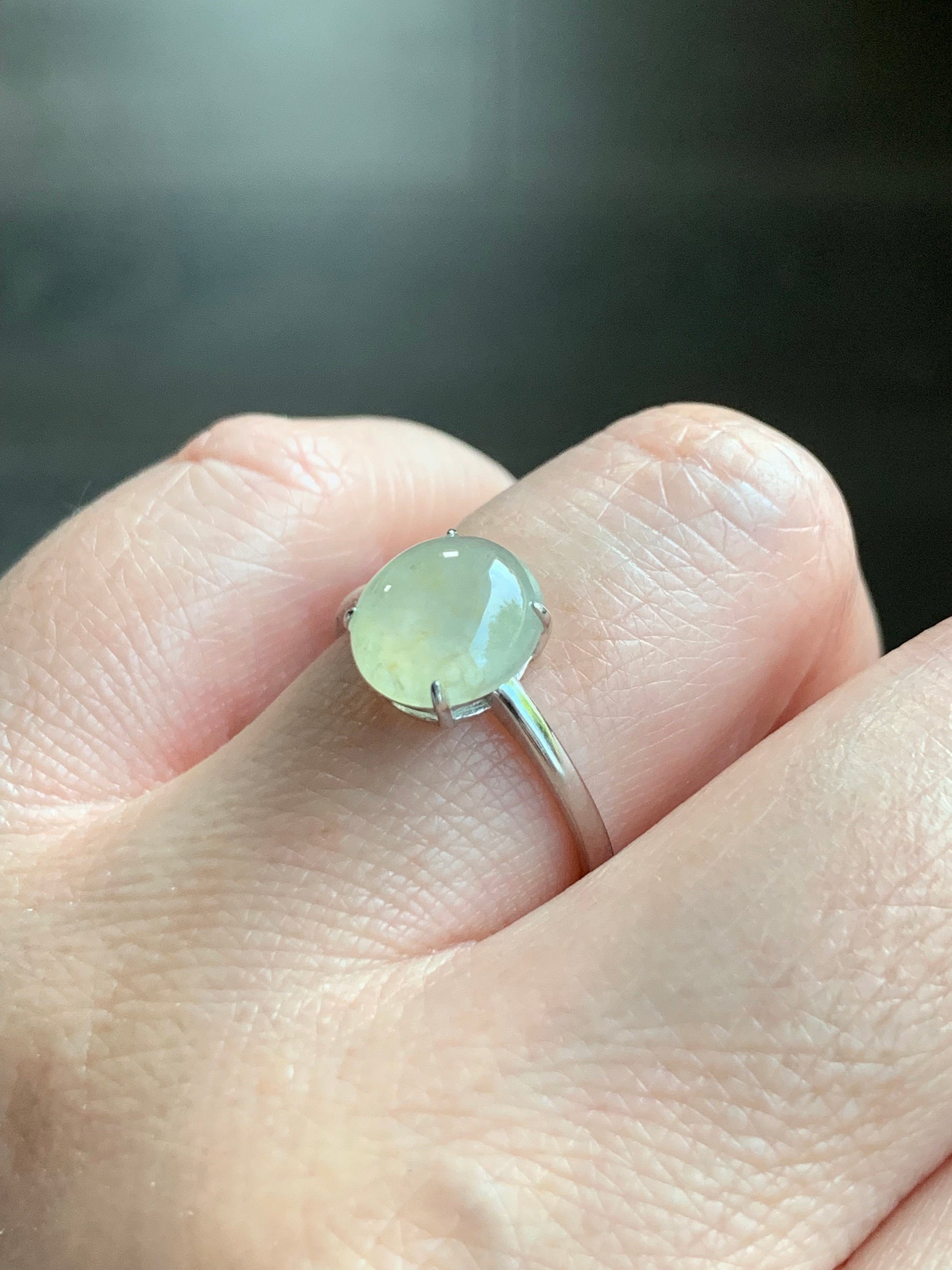 Natural Burmese Icy Translucent Light Yellow Jadeite Large Oval Cabochon Ring Sterling Silver Size 7 Adjustable 天然缅甸冰胶冰糖雪梨黄翡翠蛋面银镶戒指 DBH70