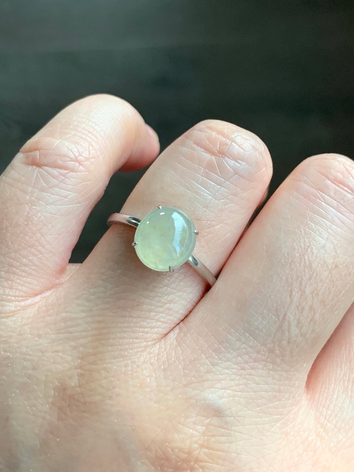 Natural Burmese Icy Translucent Light Yellow Jadeite Large Oval Cabochon Ring Sterling Silver Size 7 Adjustable 天然缅甸冰胶冰糖雪梨黄翡翠蛋面银镶戒指 DBH70