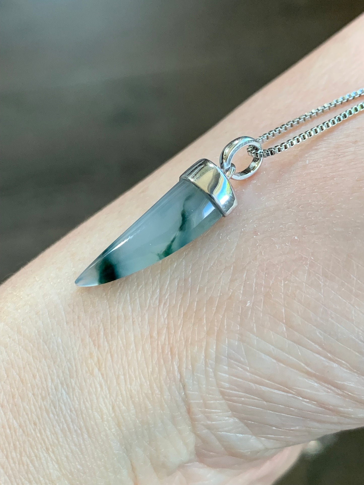 Certified Natural Burmese Icy Translucent Jadeite w/ Dark Green Marbling Dragon Tooth Pendant 18K White Gold 天然缅甸老种冰胶飘花翡翠龙牙镶嵌吊坠 3290