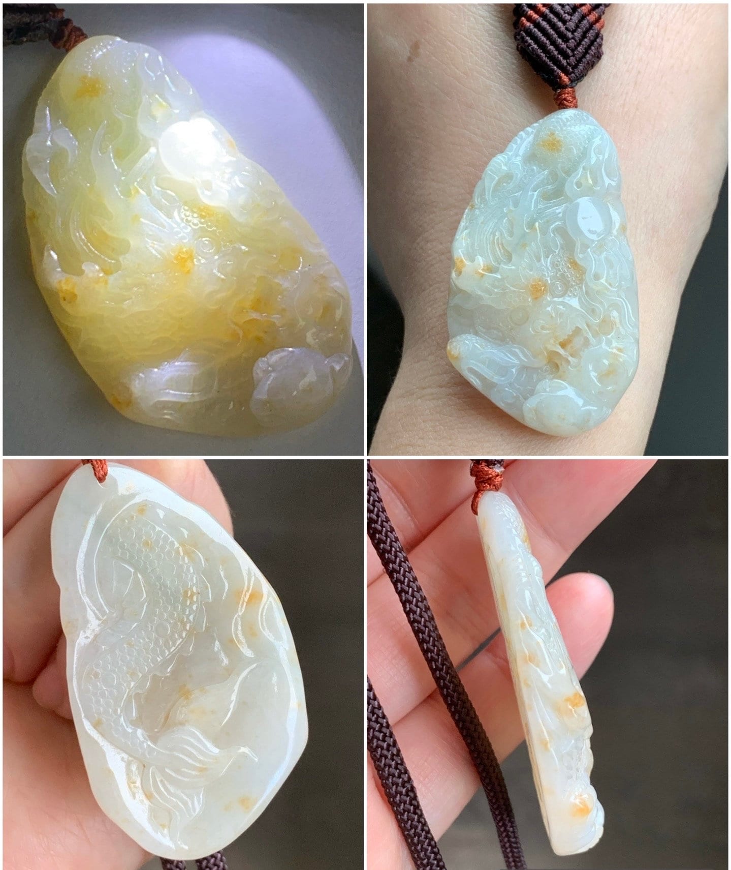 Natural Burmese Icy Translucent Beige Jadeite w/ Orange Marbling Carved Dragon Double Sided Pendant Rope Necklace 24" 27g 天然缅甸桂花糕翡翠精工龙牌双面雕吊坠