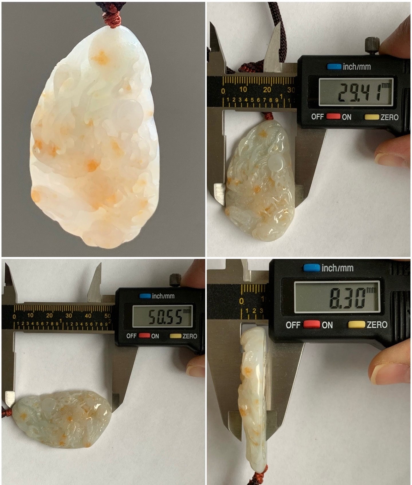 Natural Burmese Icy Translucent Beige Jadeite w/ Orange Marbling Carved Dragon Double Sided Pendant Rope Necklace 24" 27g 天然缅甸桂花糕翡翠精工龙牌双面雕吊坠