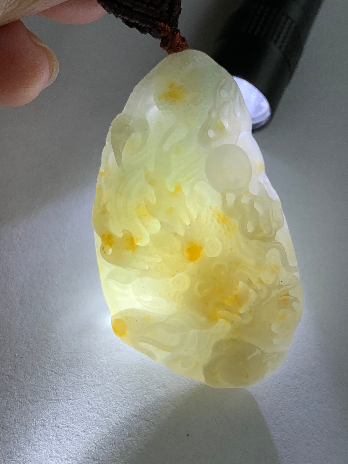 Natural Burmese Icy Translucent Beige Jadeite w/ Orange Marbling Carved Dragon Double Sided Pendant Rope Necklace 24" 27g 天然缅甸桂花糕翡翠精工龙牌双面雕吊坠