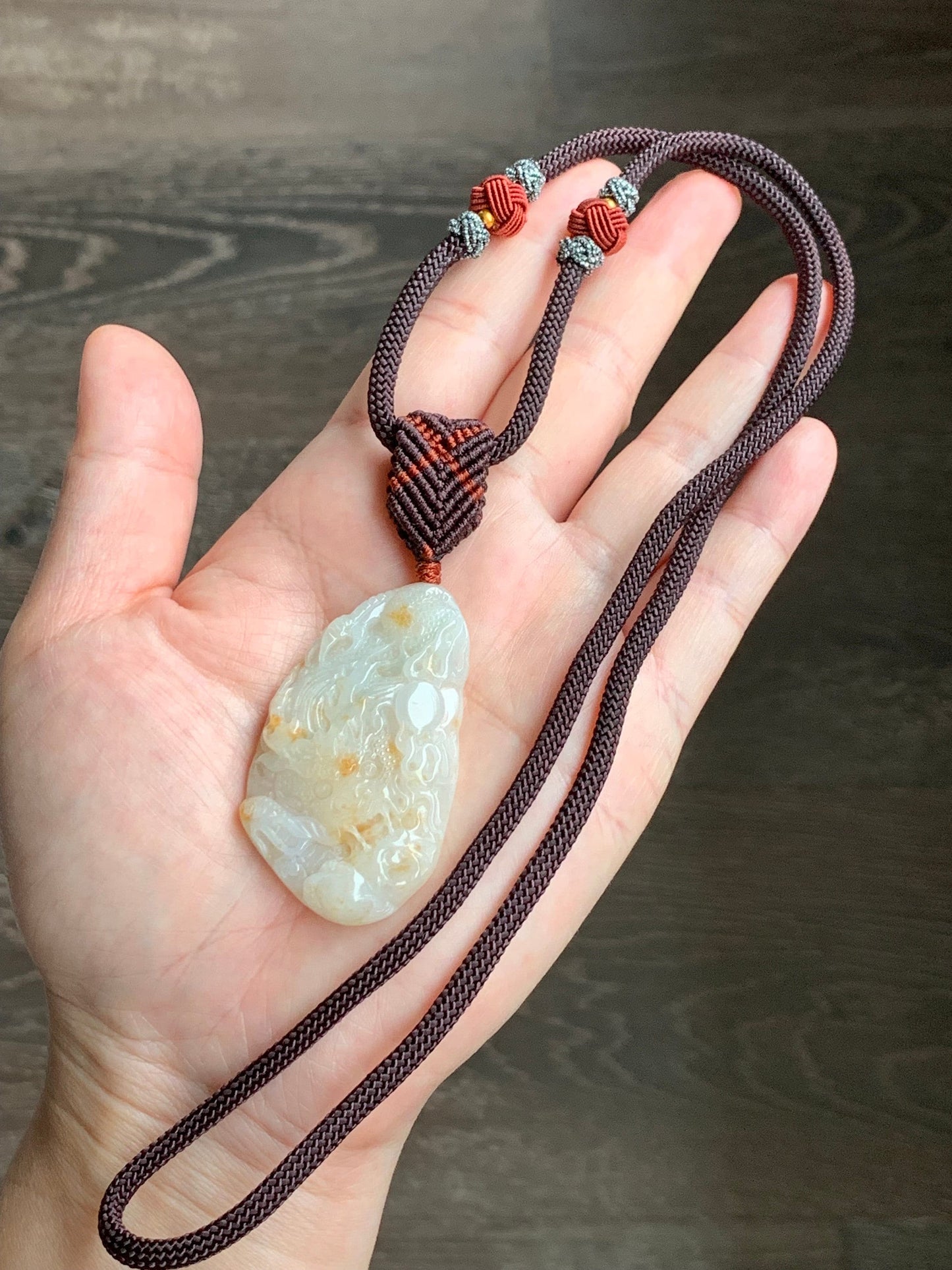 Natural Burmese Icy Translucent Beige Jadeite w/ Orange Marbling Carved Dragon Double Sided Pendant Rope Necklace 24" 27g 天然缅甸桂花糕翡翠精工龙牌双面雕吊坠