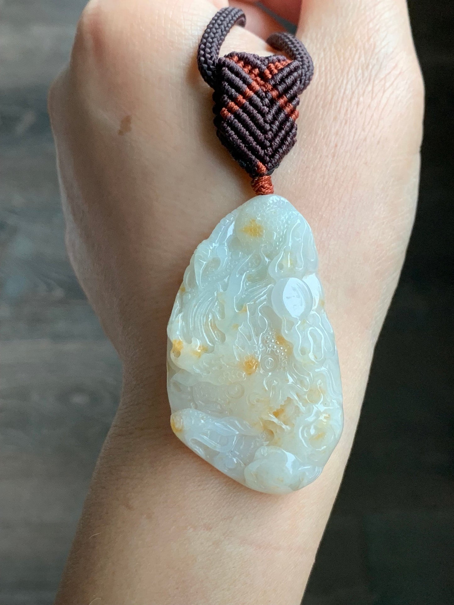 Natural Burmese Icy Translucent Beige Jadeite w/ Orange Marbling Carved Dragon Double Sided Pendant Rope Necklace 24" 27g 天然缅甸桂花糕翡翠精工龙牌双面雕吊坠