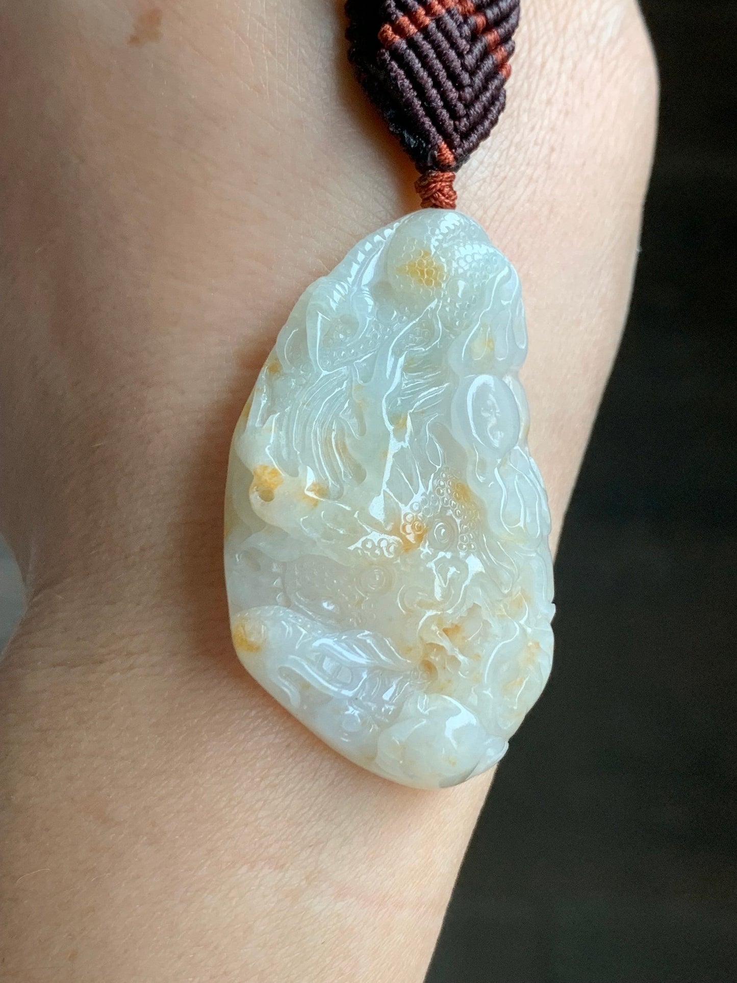 Natural Burmese Icy Translucent Beige Jadeite w/ Orange Marbling Carved Dragon Double Sided Pendant Rope Necklace 24" 27g 天然缅甸桂花糕翡翠精工龙牌双面雕吊坠