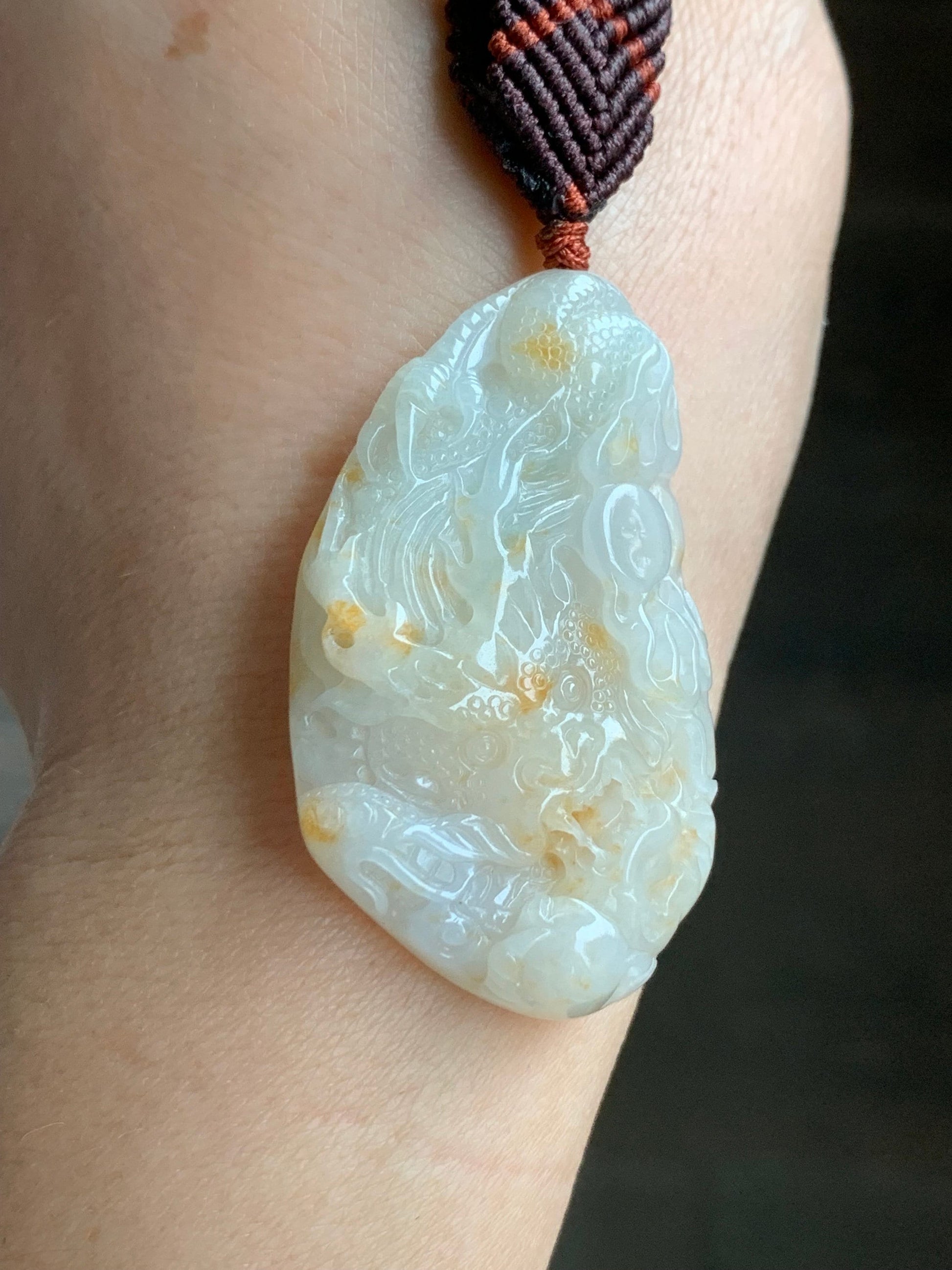 Natural Burmese Icy Translucent Beige Jadeite w/ Orange Marbling Carved Dragon Double Sided Pendant Rope Necklace 24" 27g 天然缅甸桂花糕翡翠精工龙牌双面雕吊坠