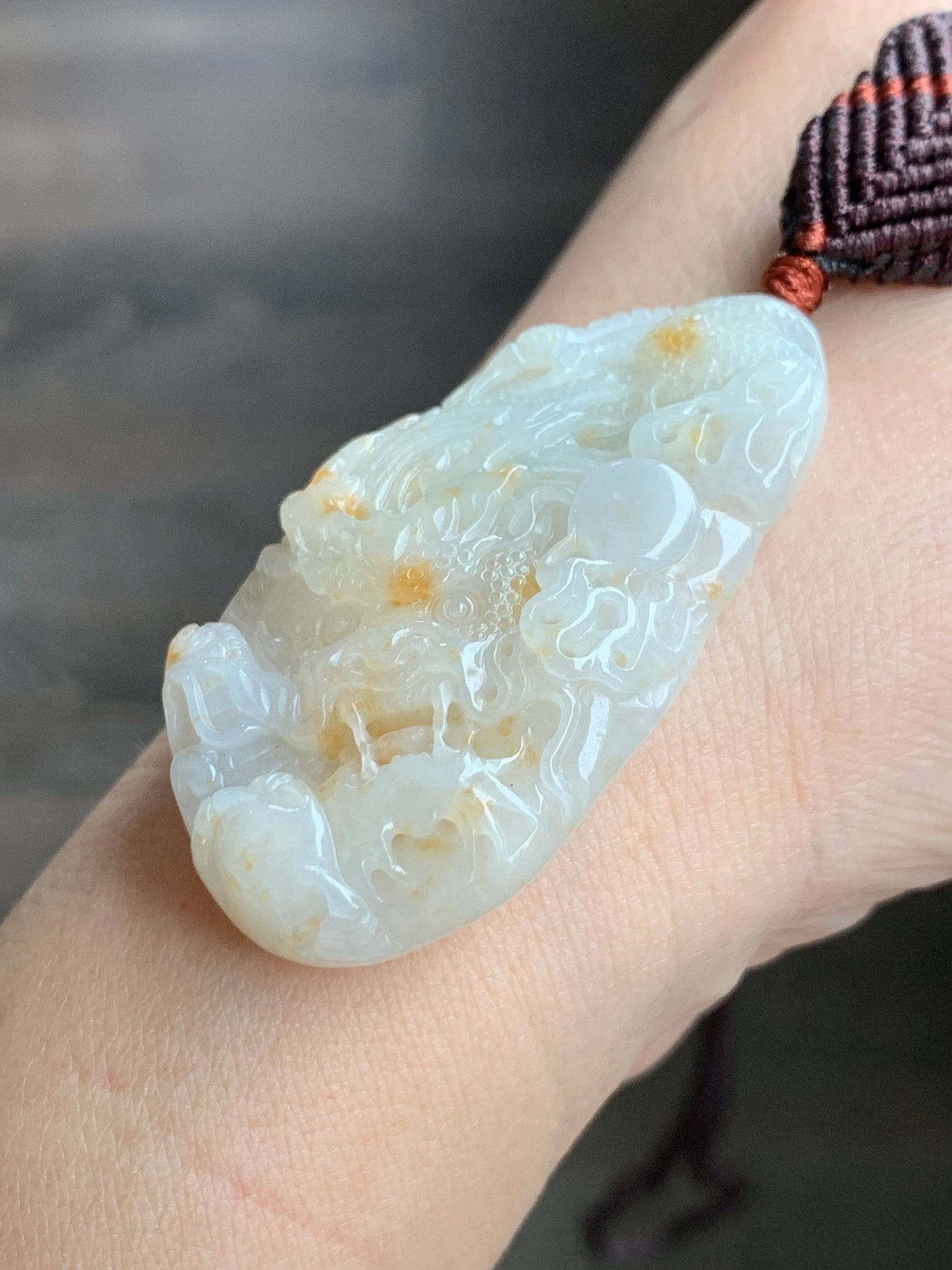 Natural Burmese Icy Translucent Beige Jadeite w/ Orange Marbling Carved Dragon Double Sided Pendant Rope Necklace 24" 27g 天然缅甸桂花糕翡翠精工龙牌双面雕吊坠