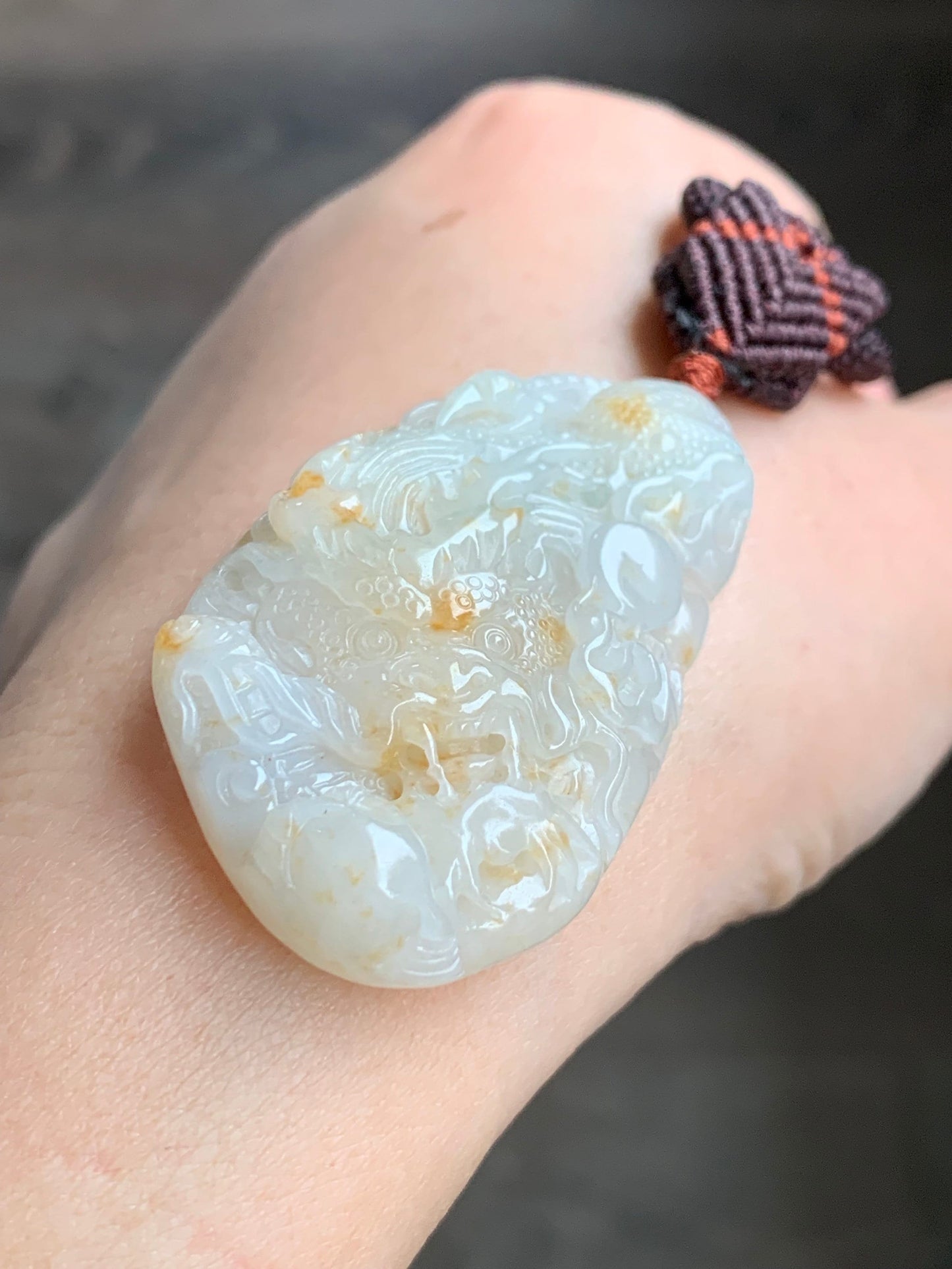 Natural Burmese Icy Translucent Beige Jadeite w/ Orange Marbling Carved Dragon Double Sided Pendant Rope Necklace 24" 27g 天然缅甸桂花糕翡翠精工龙牌双面雕吊坠