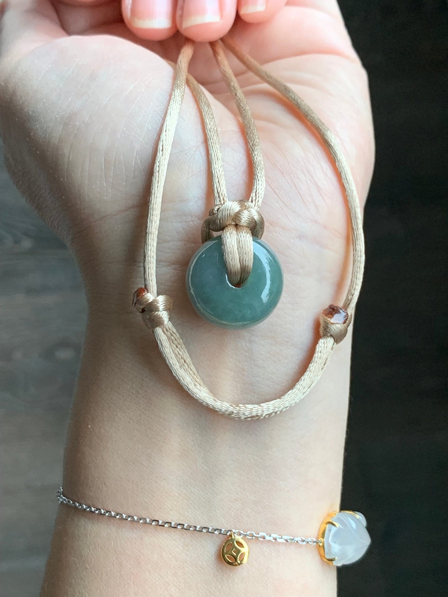 Large Natural Burmese Icy Translucent Dark Dusty Green Jadeite Drum Bead Pendant with Cord Necklace 27” Adjustable 天然缅甸冰糯灰绿翡翠肥鼓珠吊坠