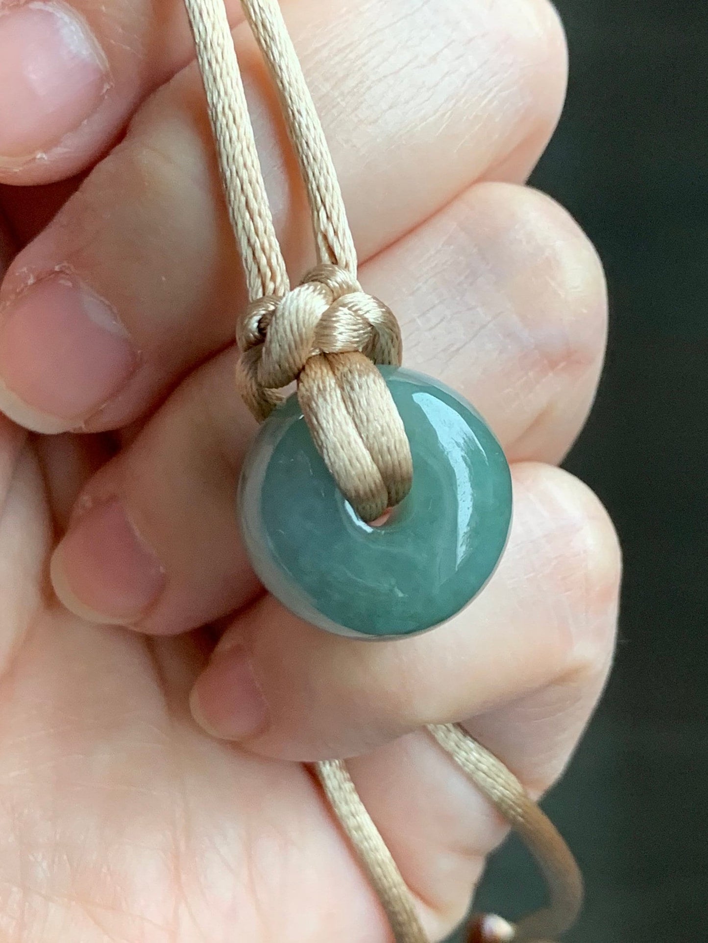 Large Natural Burmese Icy Translucent Dark Dusty Green Jadeite Drum Bead Pendant with Cord Necklace 27” Adjustable 天然缅甸冰糯灰绿翡翠肥鼓珠吊坠