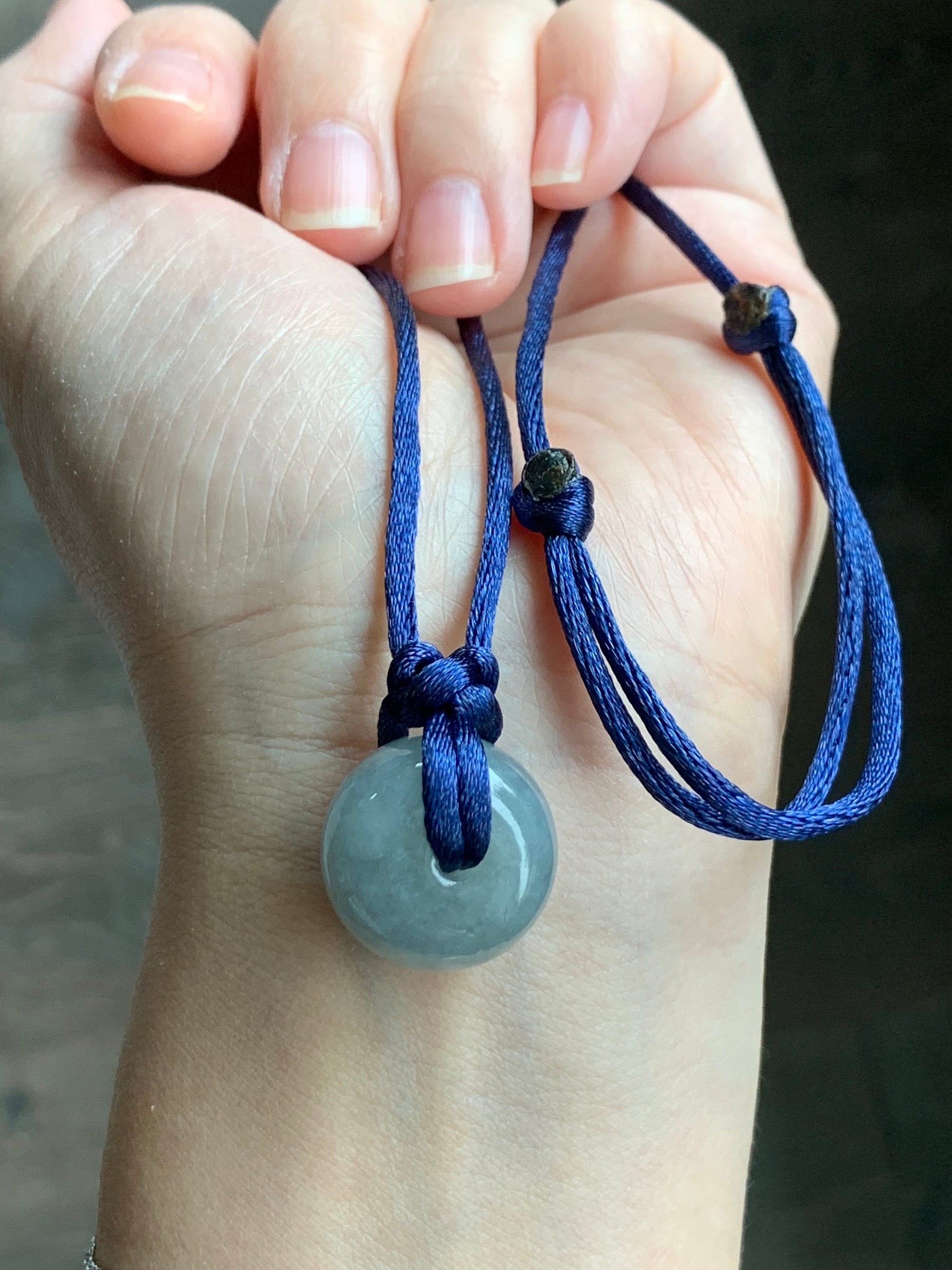 Large Natural Burmese Icy Translucent Dark Wuji Jadeite Drum Bead Pendant with Cord Necklace 23” Adjustable 天然缅甸冰糯乌鸡翡翠肥鼓珠吊坠