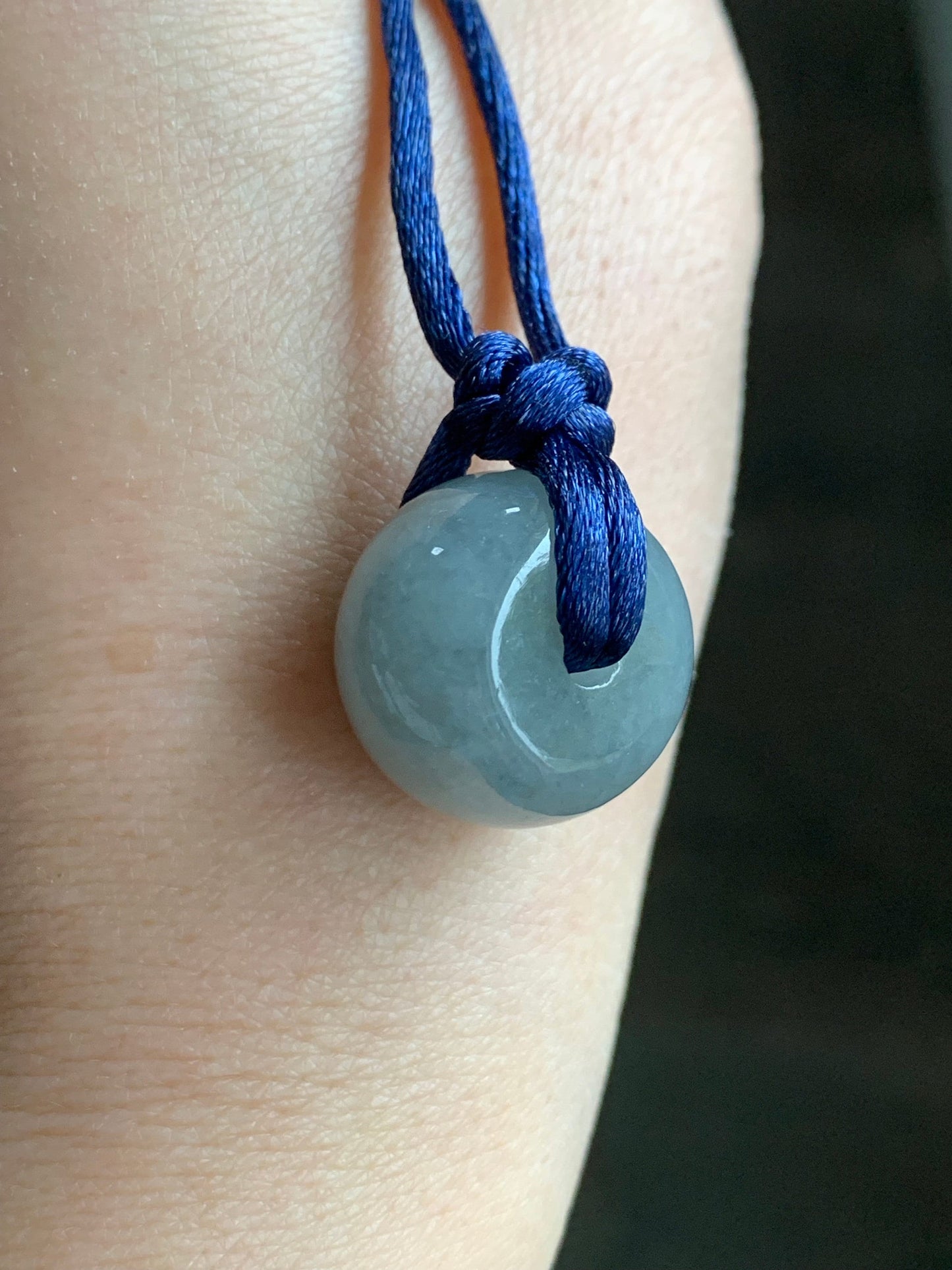 Large Natural Burmese Icy Translucent Dark Wuji Jadeite Drum Bead Pendant with Cord Necklace 23” Adjustable 天然缅甸冰糯乌鸡翡翠肥鼓珠吊坠