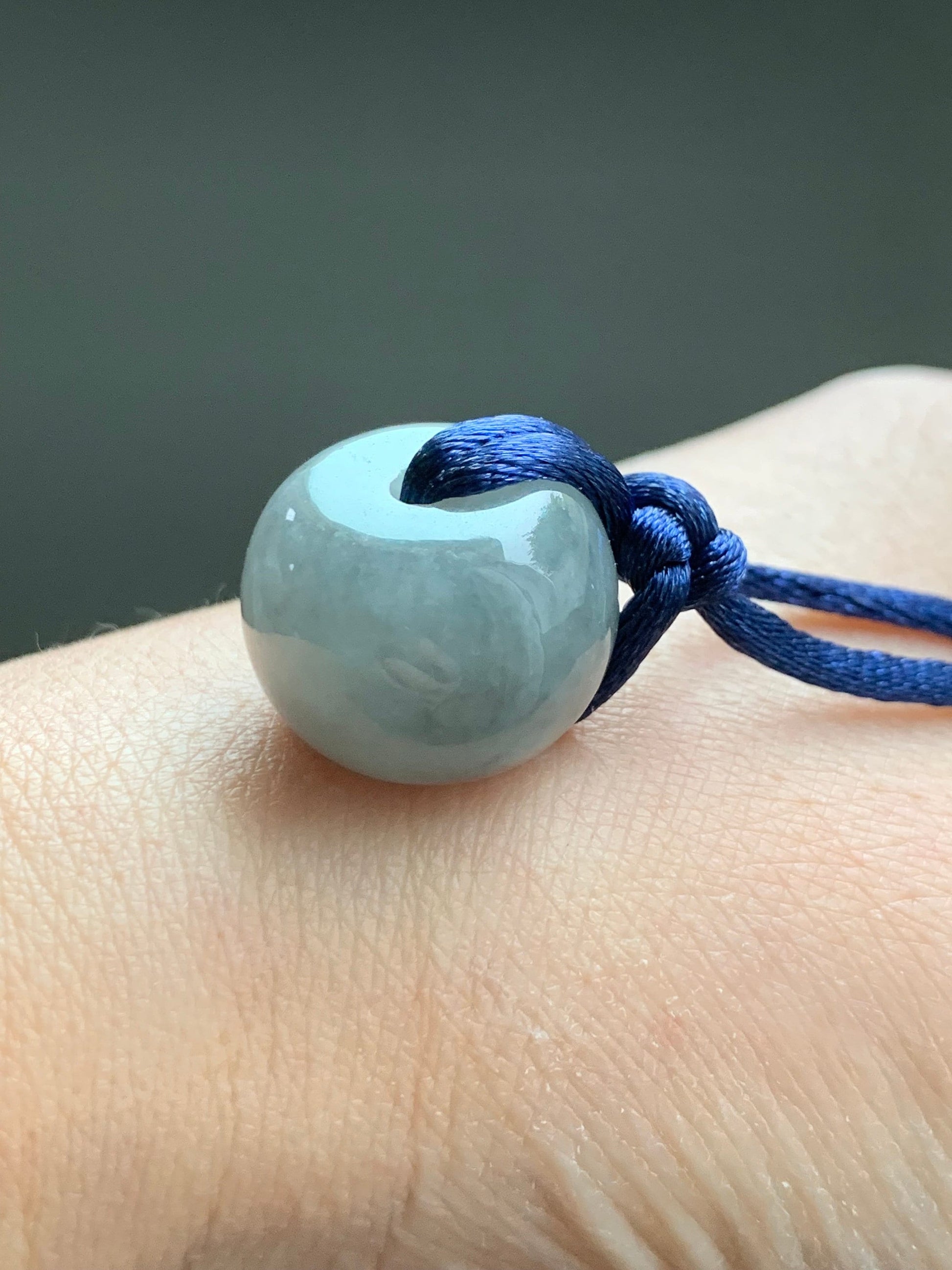 Large Natural Burmese Icy Translucent Dark Wuji Jadeite Drum Bead Pendant with Cord Necklace 23” Adjustable 天然缅甸冰糯乌鸡翡翠肥鼓珠吊坠