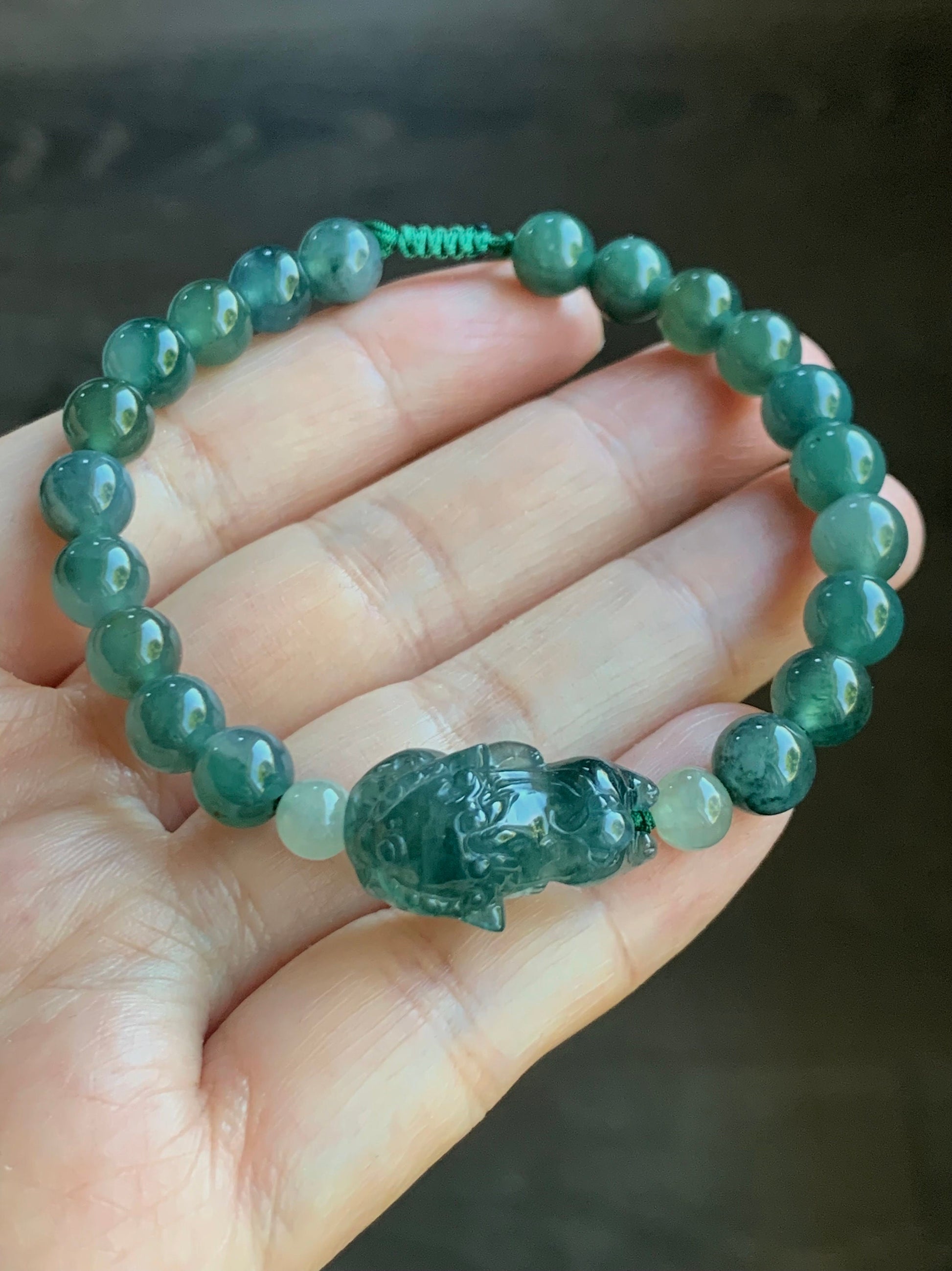 Natural Guatemalan Icy Highly Translucent Gelatinous Dark Teal Blue Jadeite Dancing Lion Beaded Bracelet 6.75” 16g 天然冰胶危湖水蓝翡翠精工雕摆烂小醒狮手串
