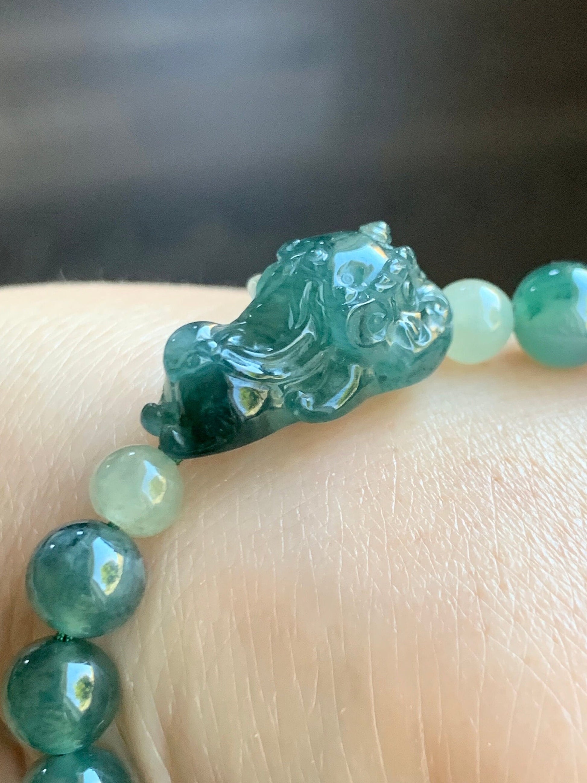 Natural Guatemalan Icy Highly Translucent Gelatinous Dark Teal Blue Jadeite Dancing Lion Beaded Bracelet 6.75” 16g 天然冰胶危湖水蓝翡翠精工雕摆烂小醒狮手串